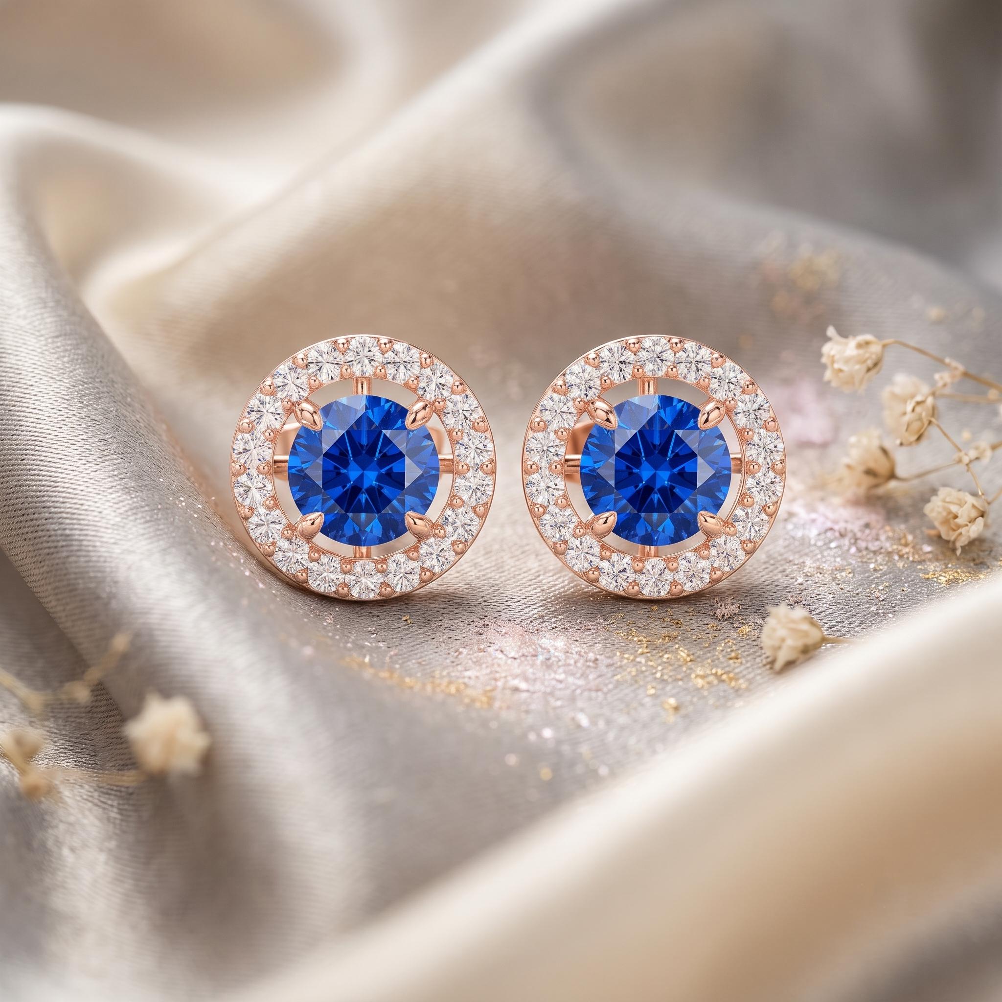 Lab Created Blue Sapphire Stud Earrings, Sterling Silver Halo, Wedding Gift, Sparkly Gemstone Earrings