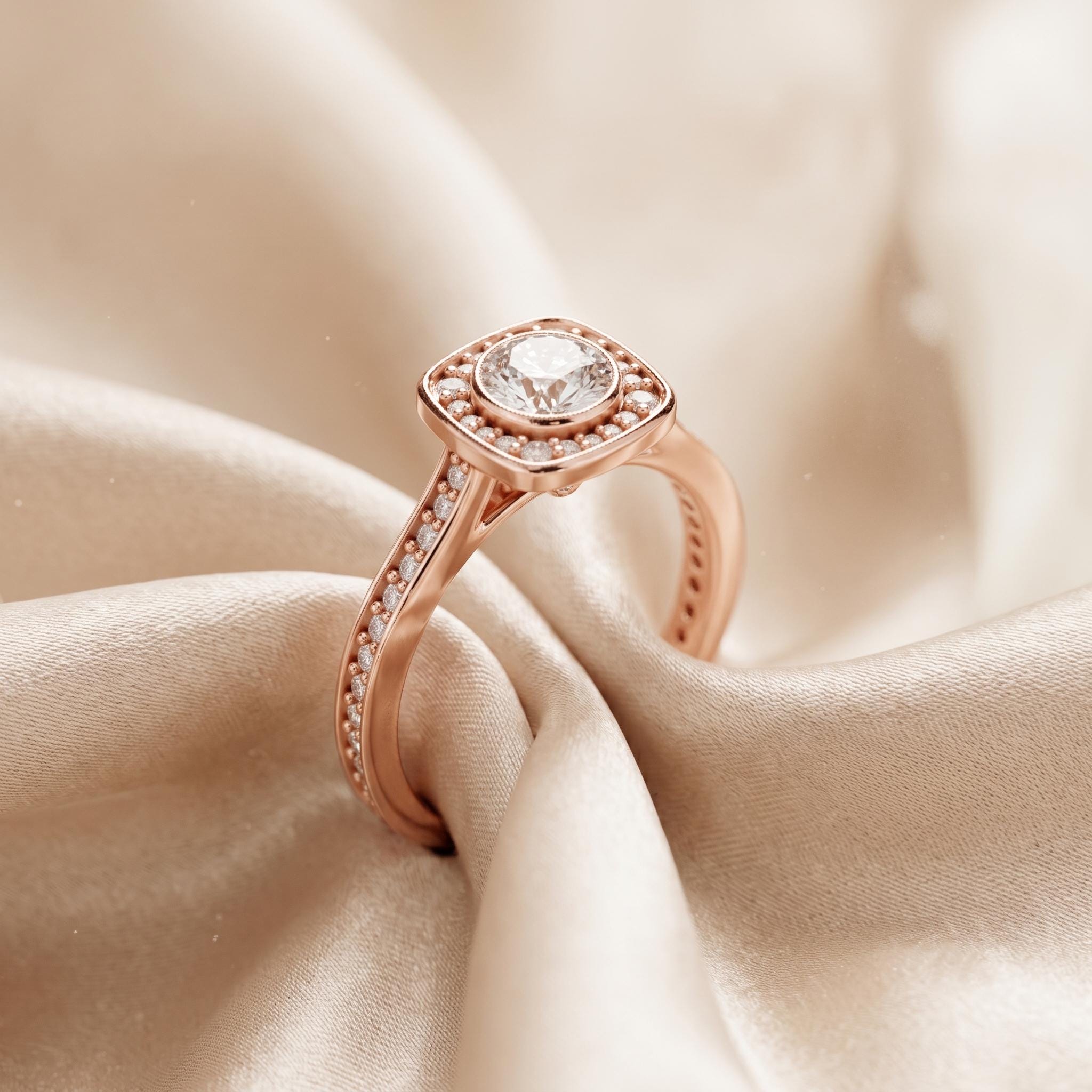 Sterling Silver Moissanite Halo Engagement Ring, Vintage Style Bridal Jewelry