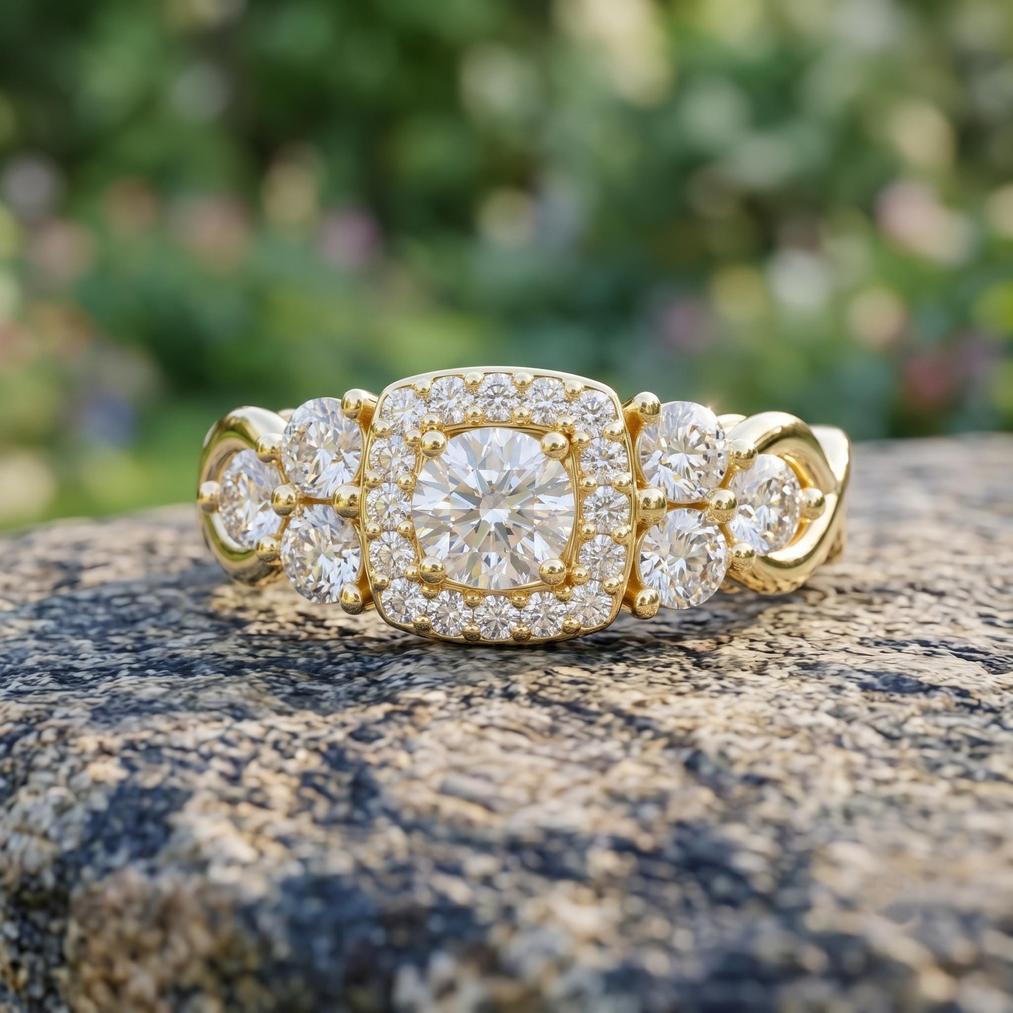 Sterling Silver Moissanite Halo Cluster Ring, Romantic Bridal Jewelry