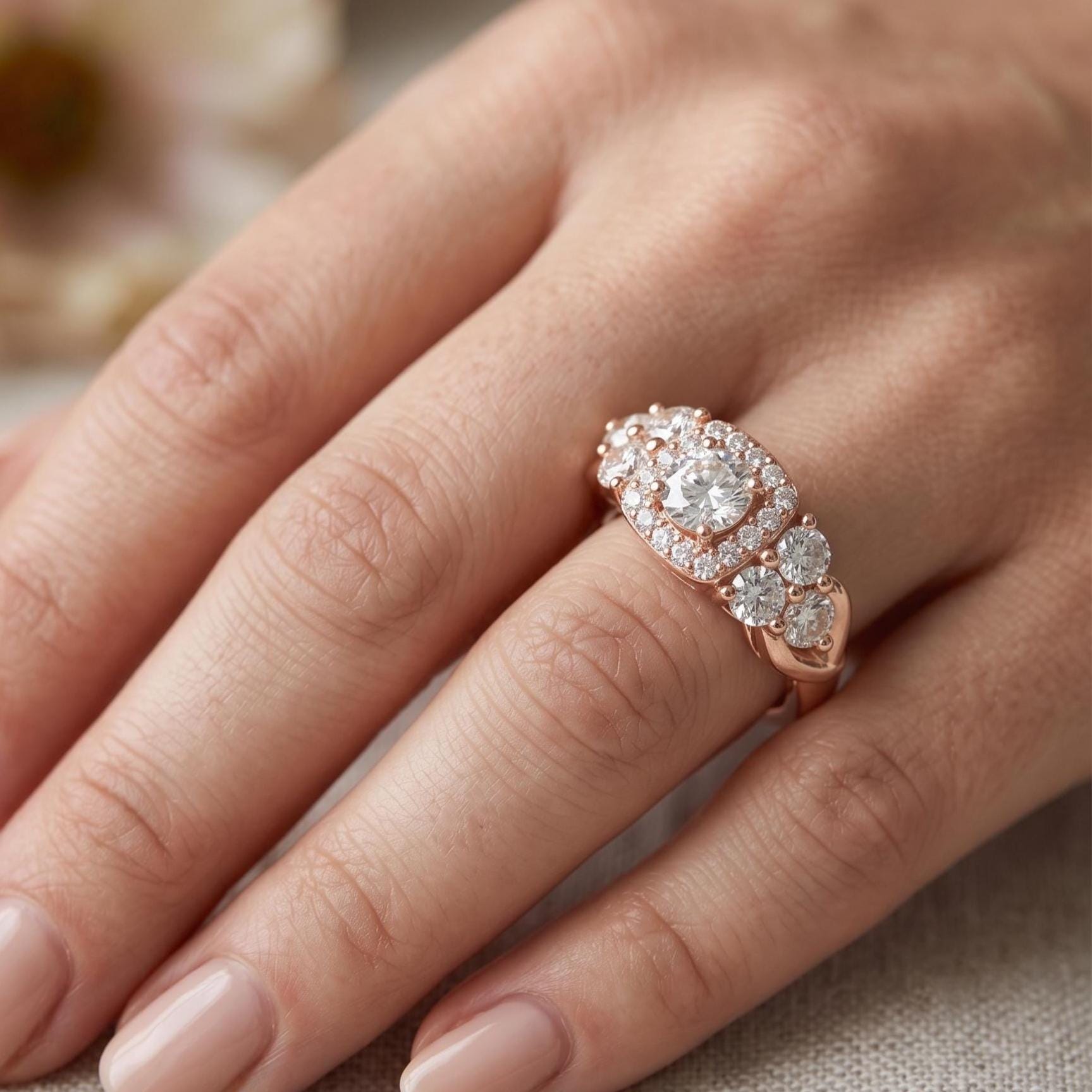 Sterling Silver Moissanite Halo Cluster Ring, Romantic Bridal Jewelry