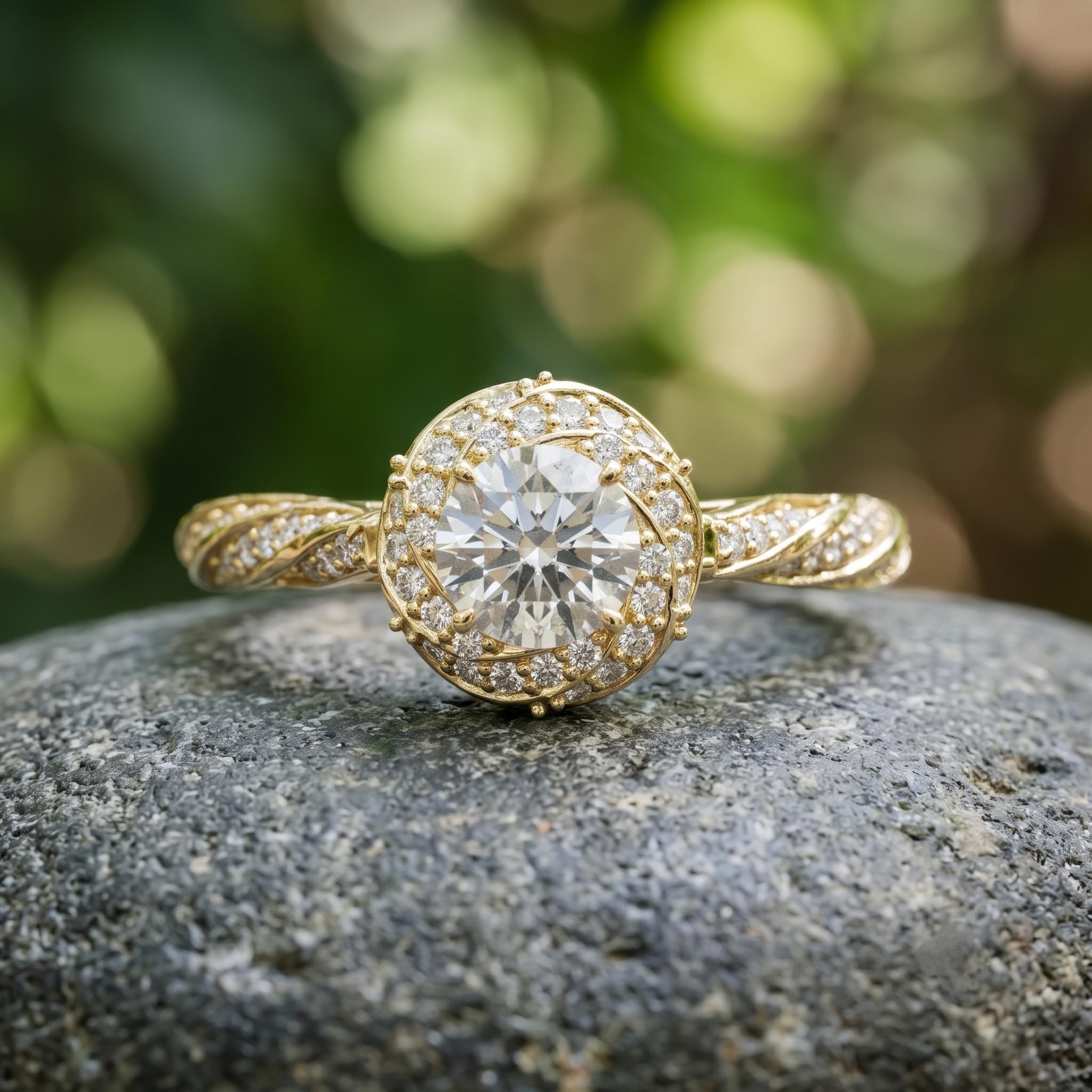 Sterling Silver Moissanite Halo Engagement Ring, Round Cut, Pave Wedding Jewelry