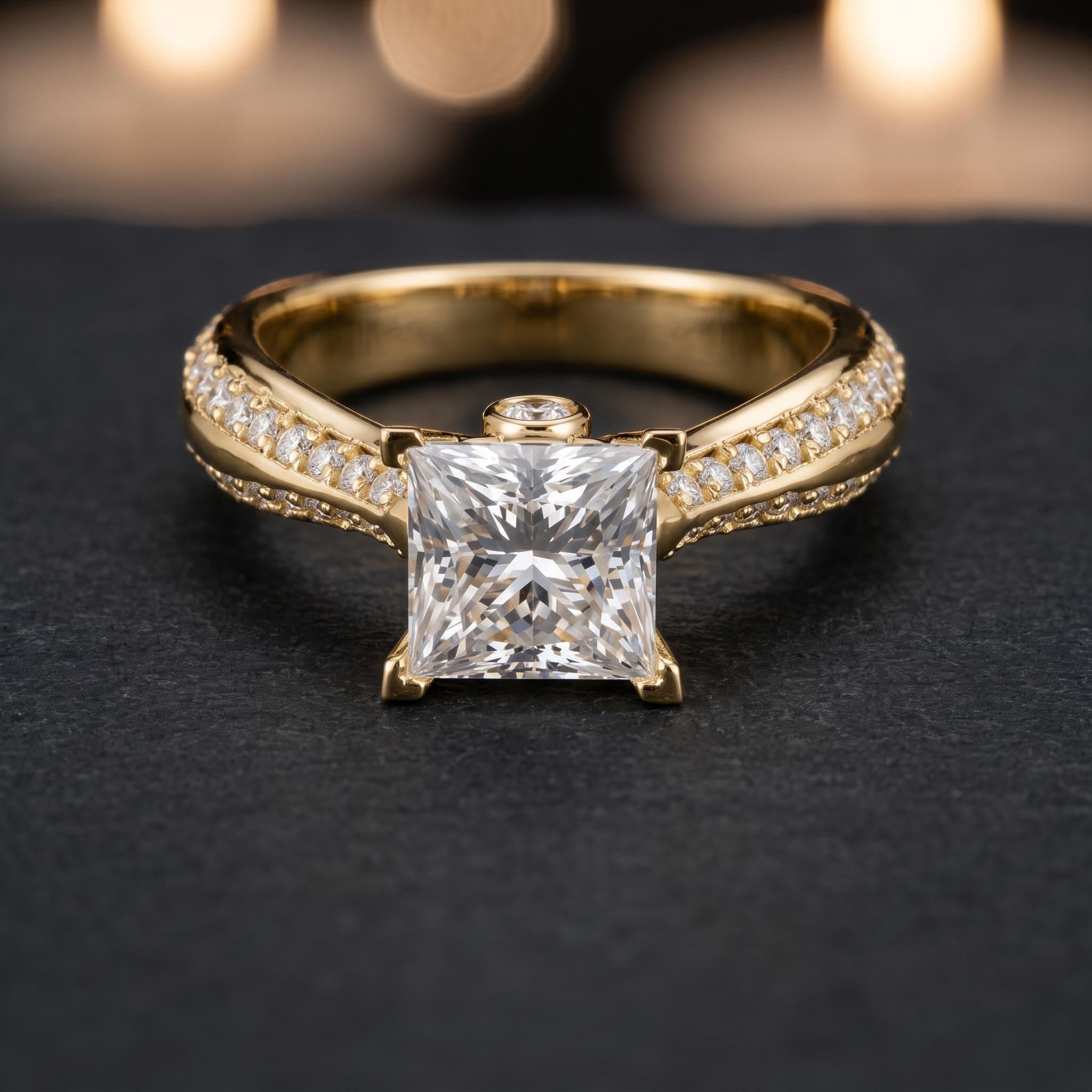 Princess Cut Moissanite Engagement Ring, Sterling Silver, Pave Band, Sparkling Statement Special Occasional Ring