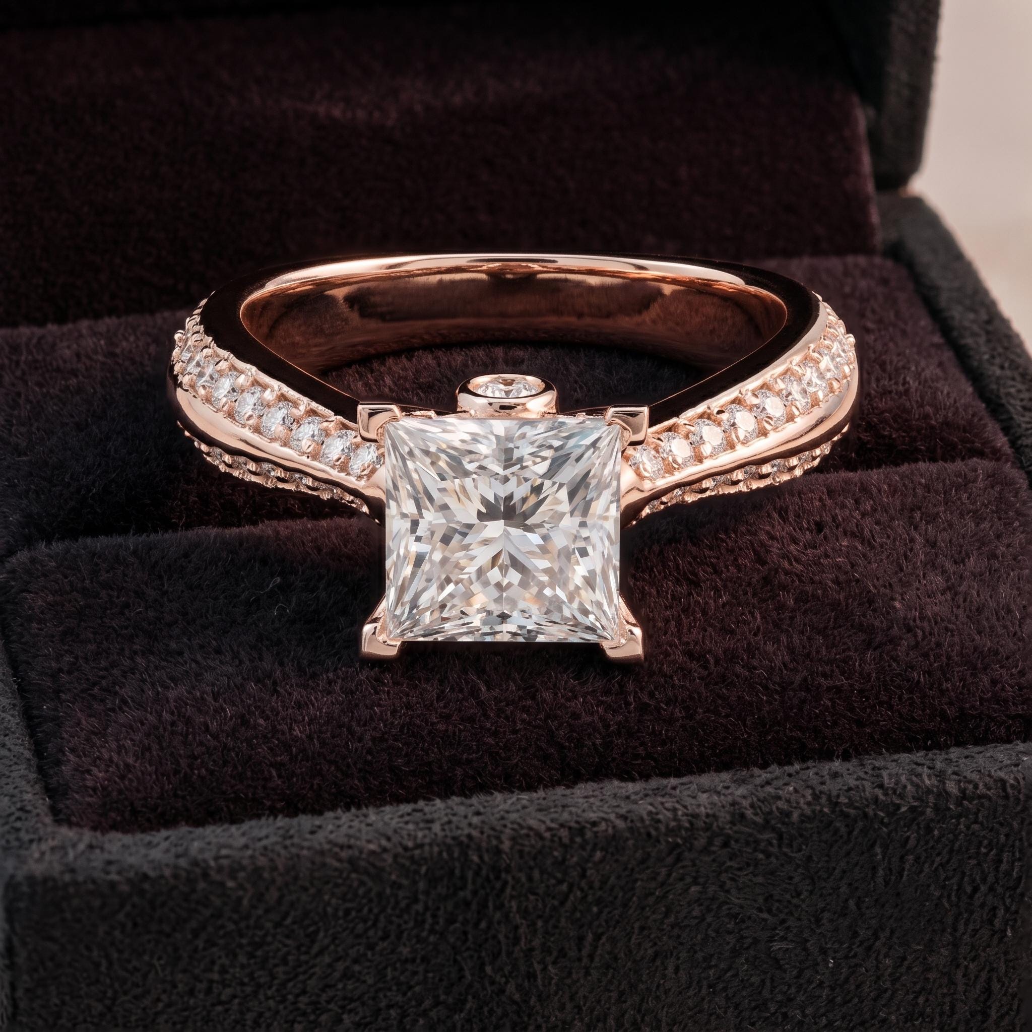 Princess Cut Moissanite Engagement Ring, Sterling Silver, Pave Band, Sparkling Statement Special Occasional Ring