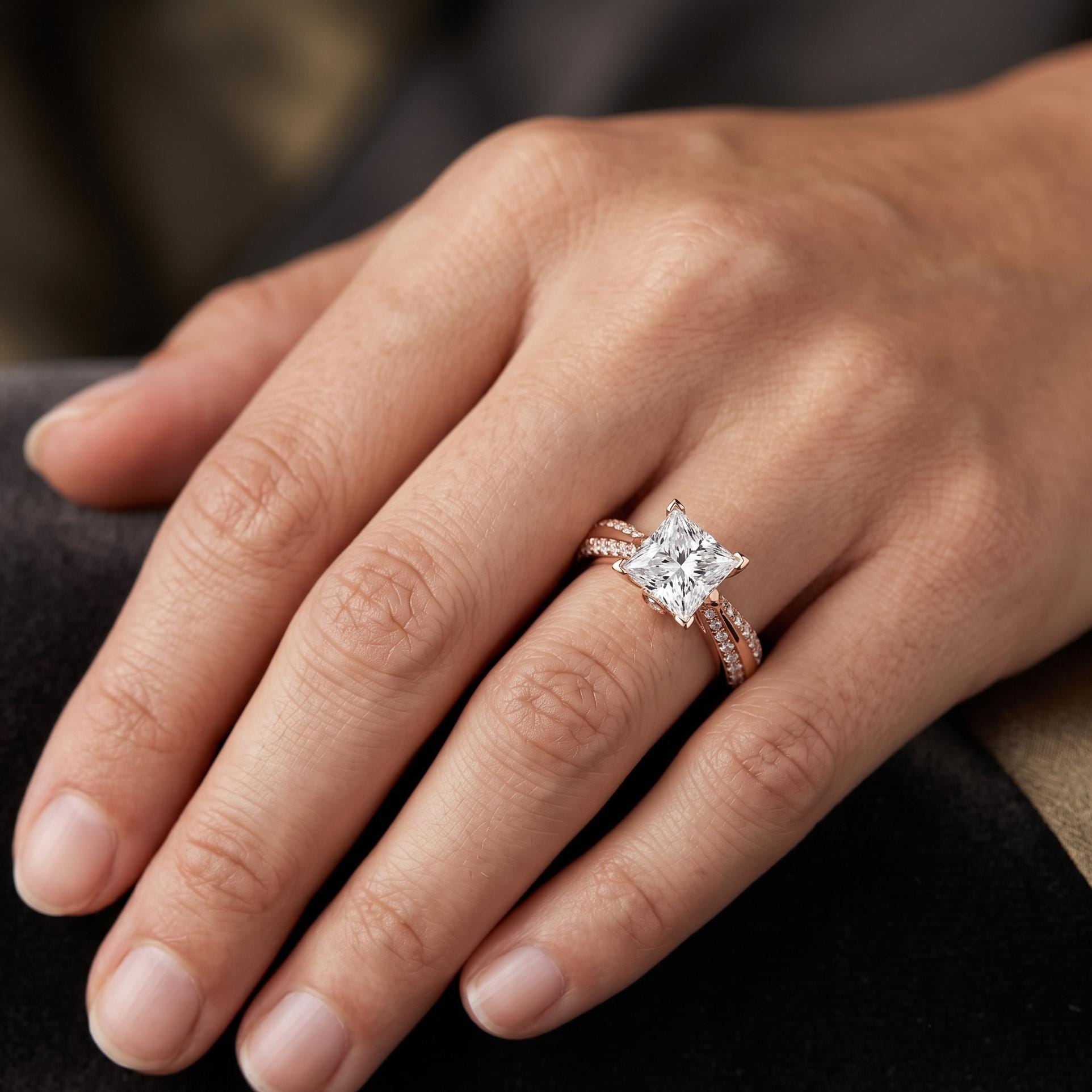 Princess Cut Moissanite Engagement Ring, Sterling Silver, Pave Band, Sparkling Statement Special Occasional Ring