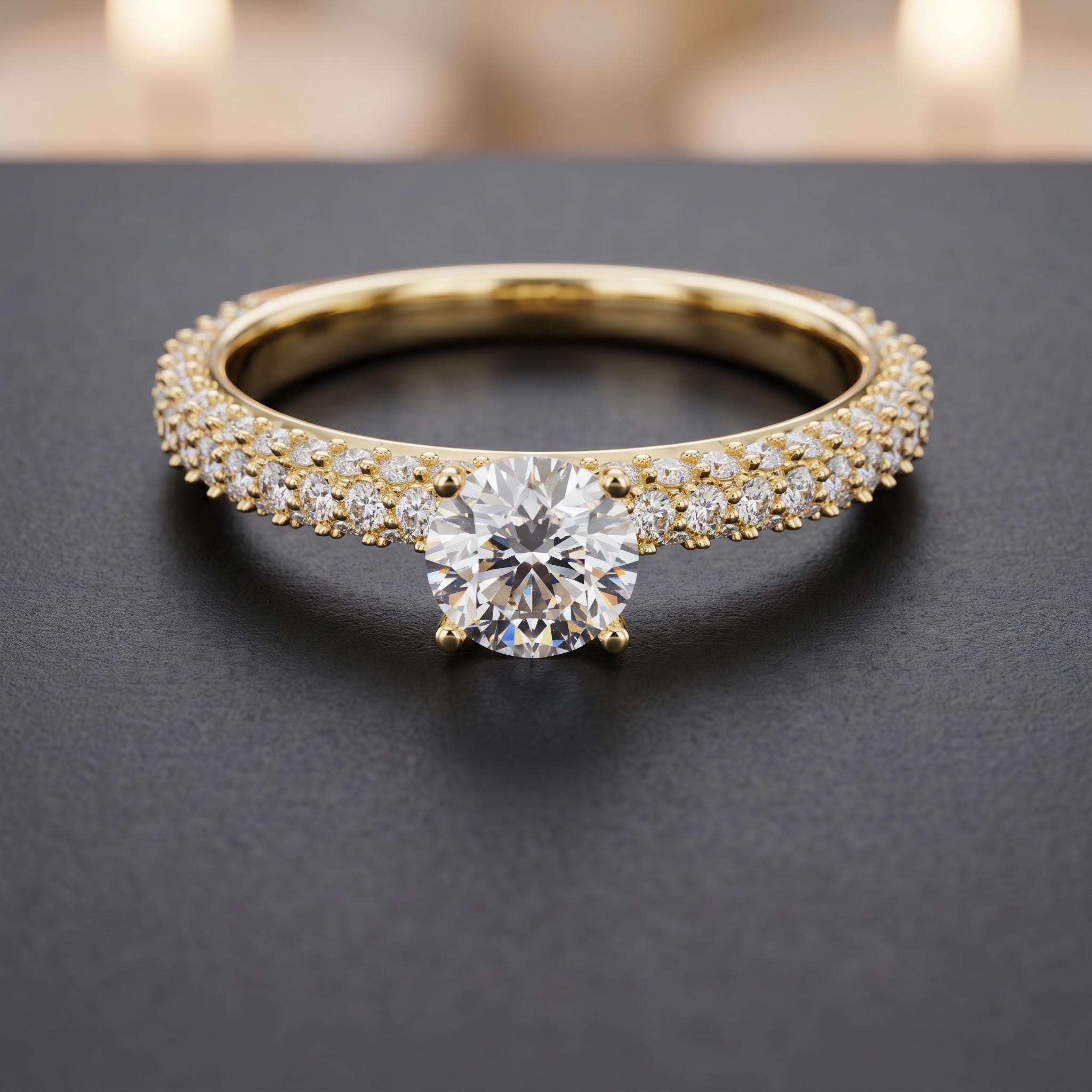 Round Moissanite Solitaire Ring, 925 Sterling Silver, Triple Pave Shank, Bridal Promise Jewelry
