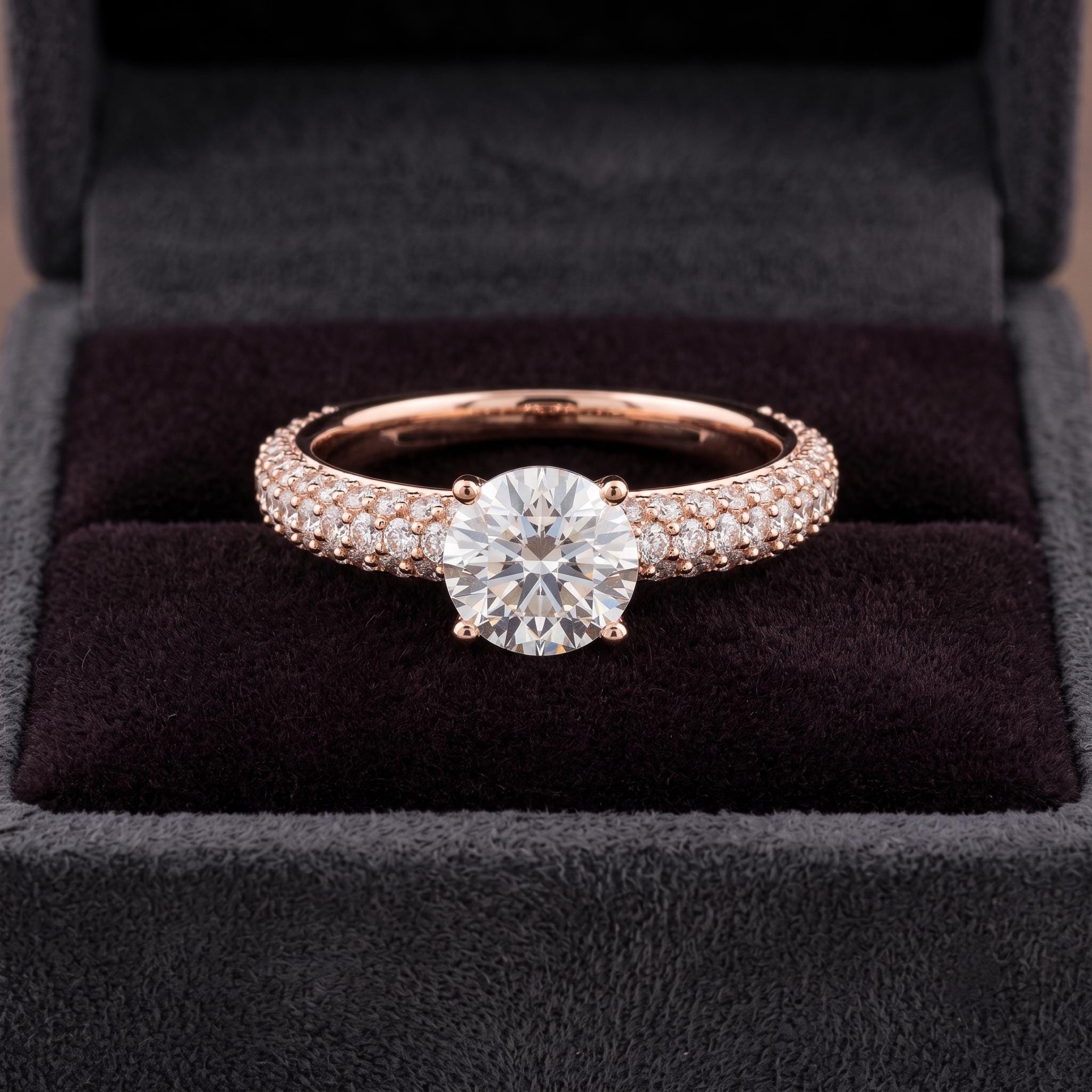 Round Moissanite Solitaire Ring, 925 Sterling Silver, Triple Pave Shank, Bridal Promise Jewelry
