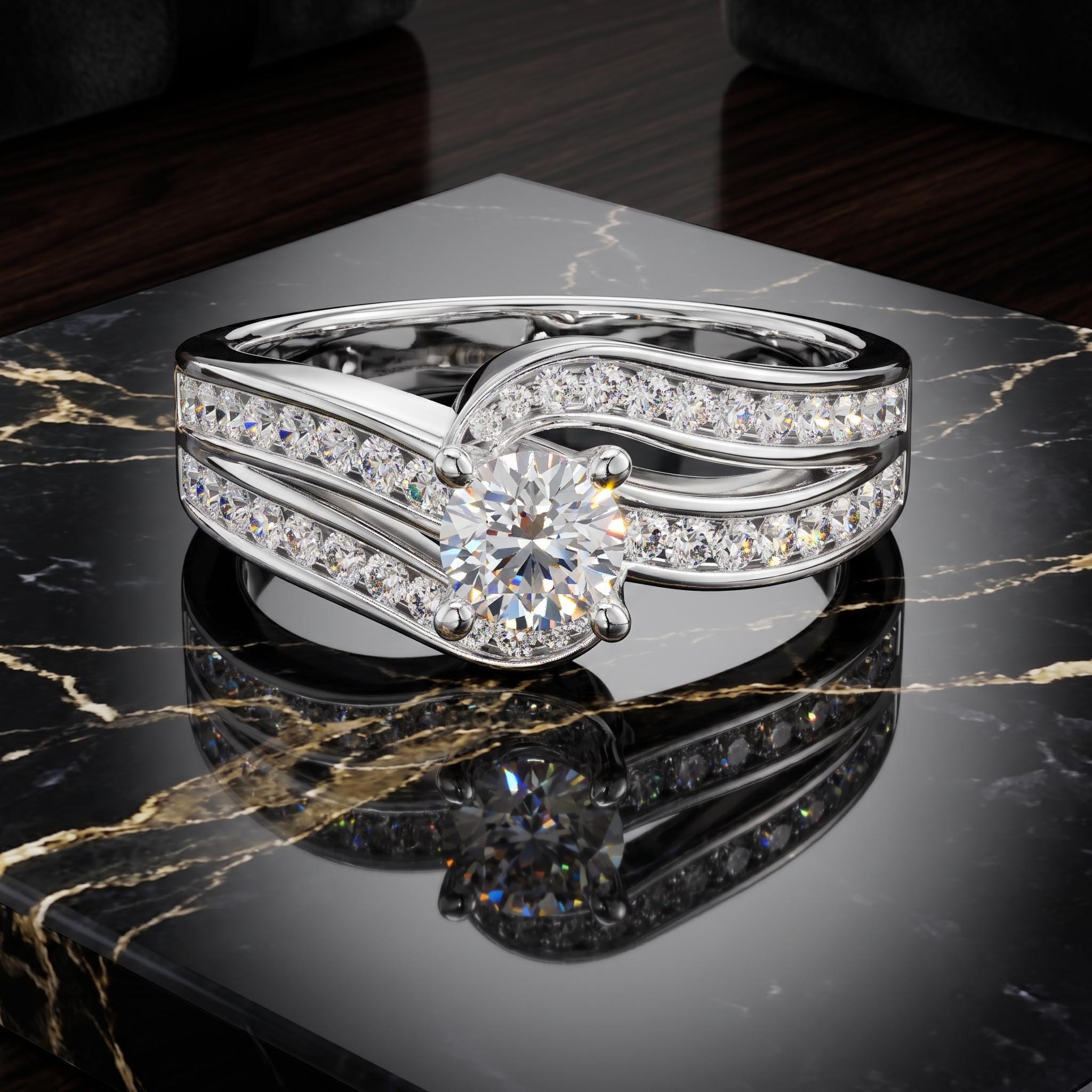 Milgrain Sterling Silver Moissanite Bypass Engagement Ring, Twisted Band Promise Ring
