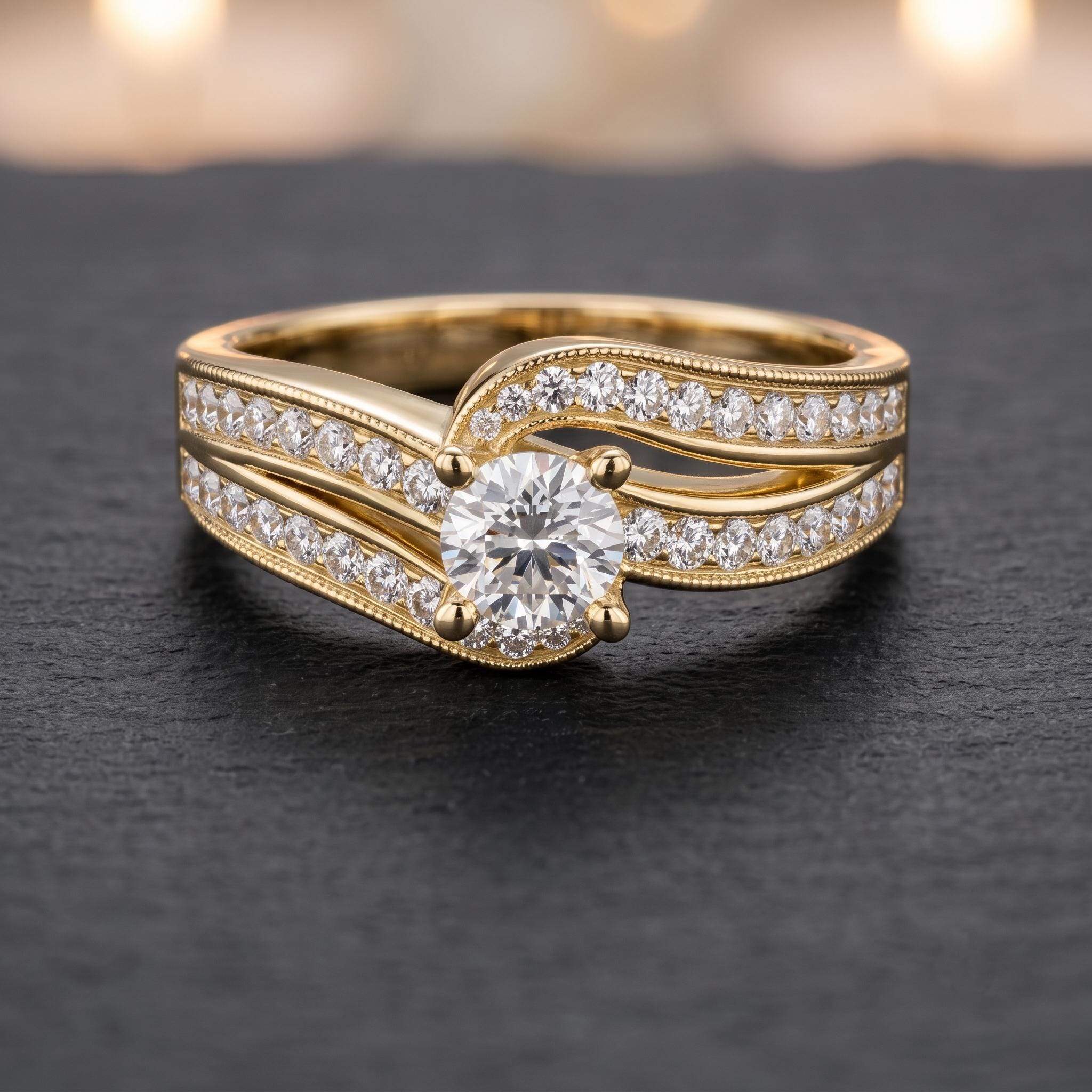 Milgrain Sterling Silver Moissanite Bypass Engagement Ring, Twisted Band Promise Ring