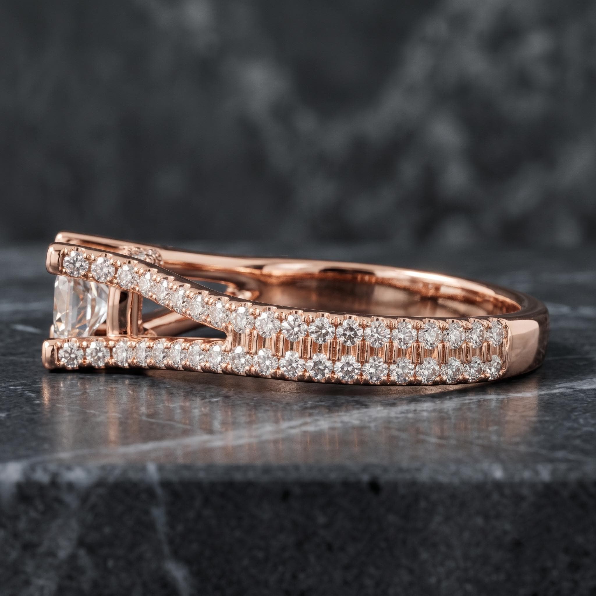 Rose Gold Plated Sterling Silver Moissanite Engagement Ring, Split Shank Pave Band