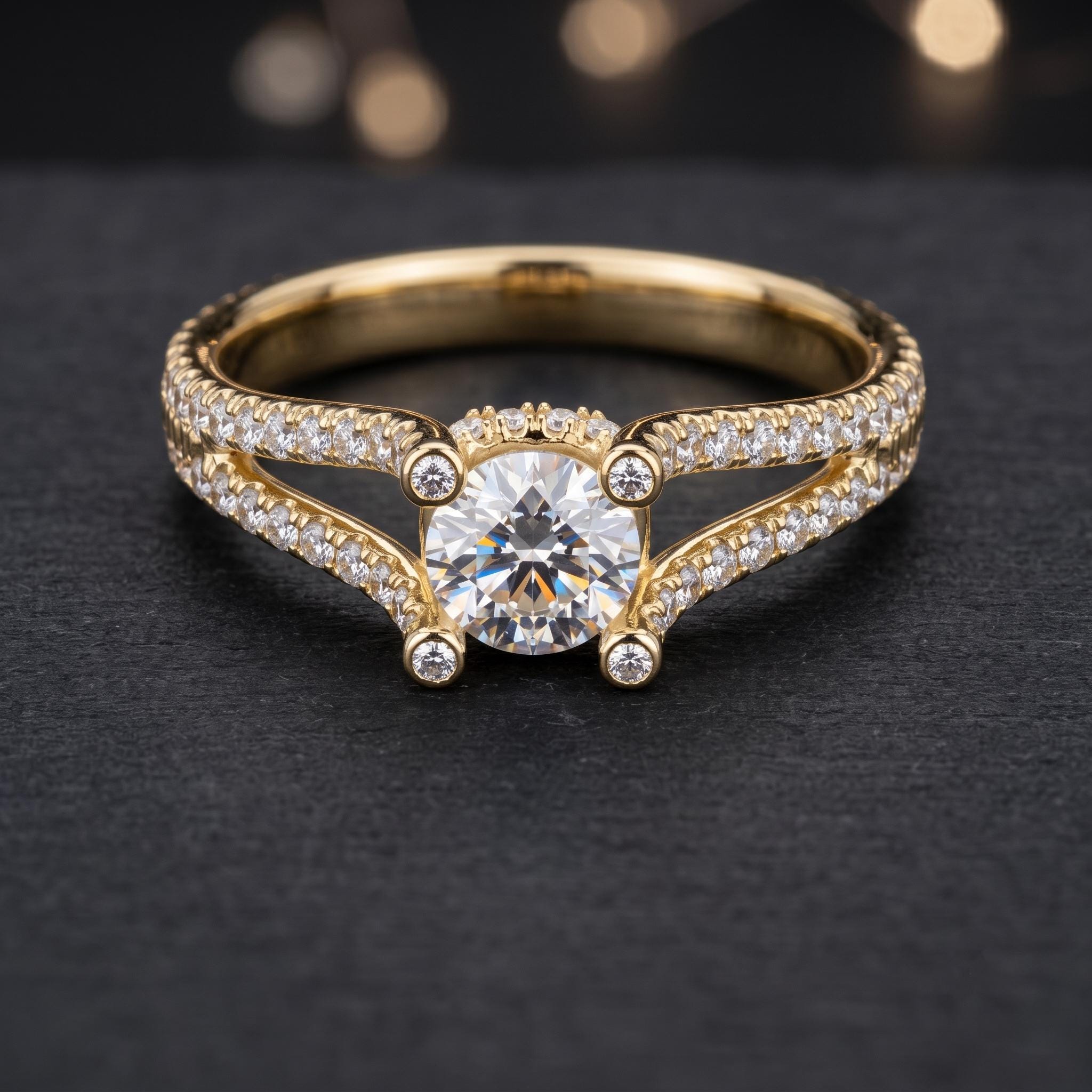 Rose Gold Plated Sterling Silver Moissanite Engagement Ring, Split Shank Pave Band