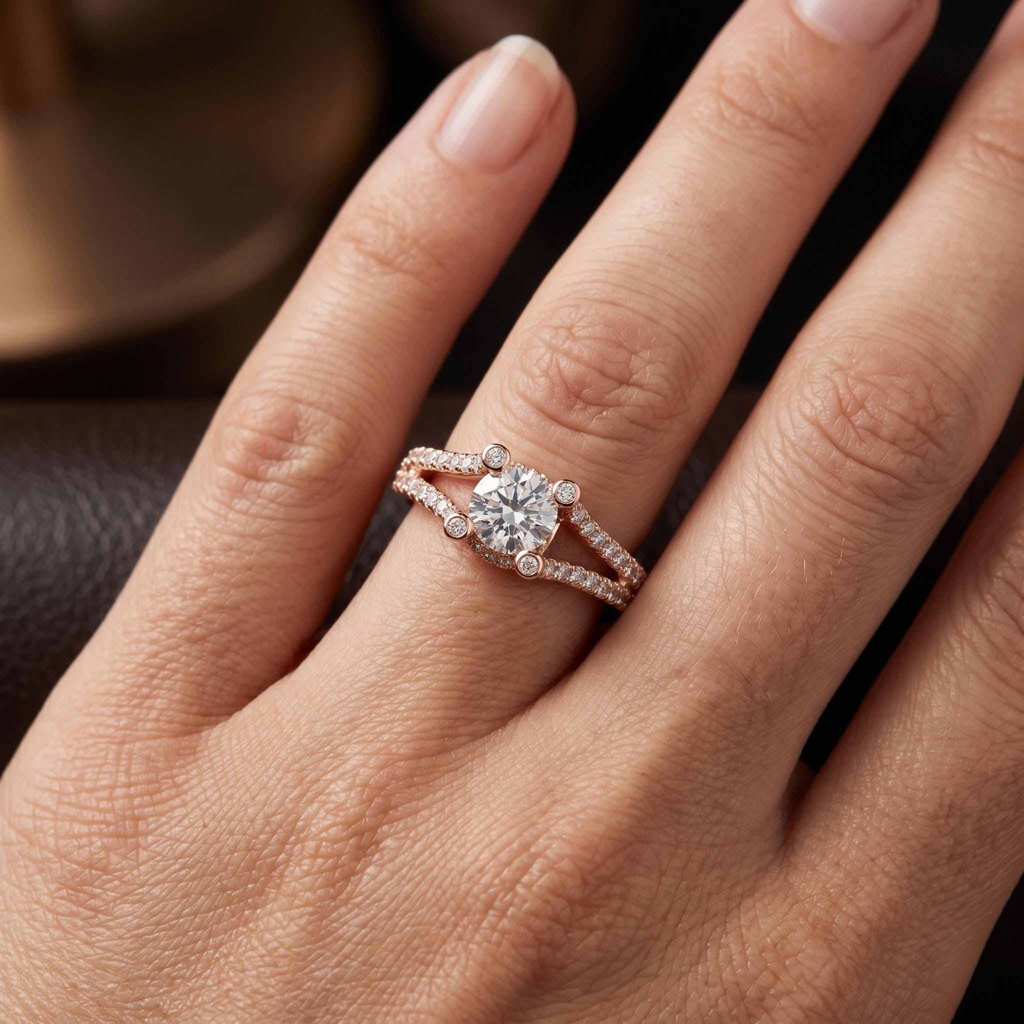 Rose Gold Plated Sterling Silver Moissanite Engagement Ring, Split Shank Pave Band