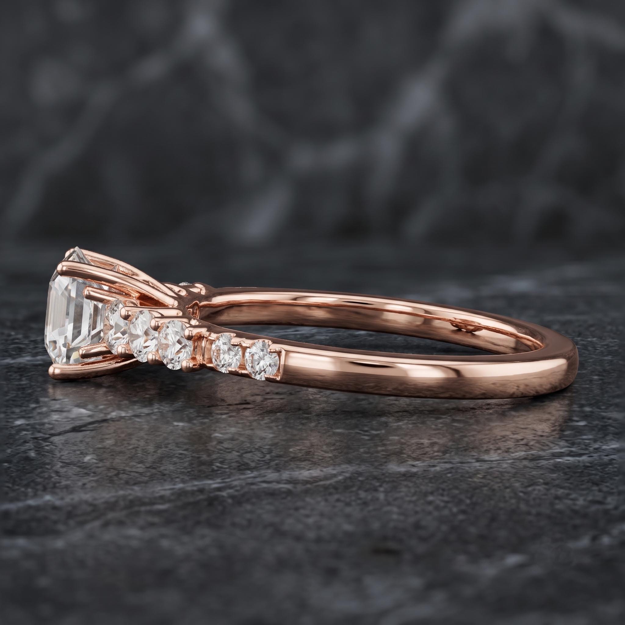 Rose Gold Vermeil Sterling Silver Moissanite Engagement Ring, Graduated Side Stones