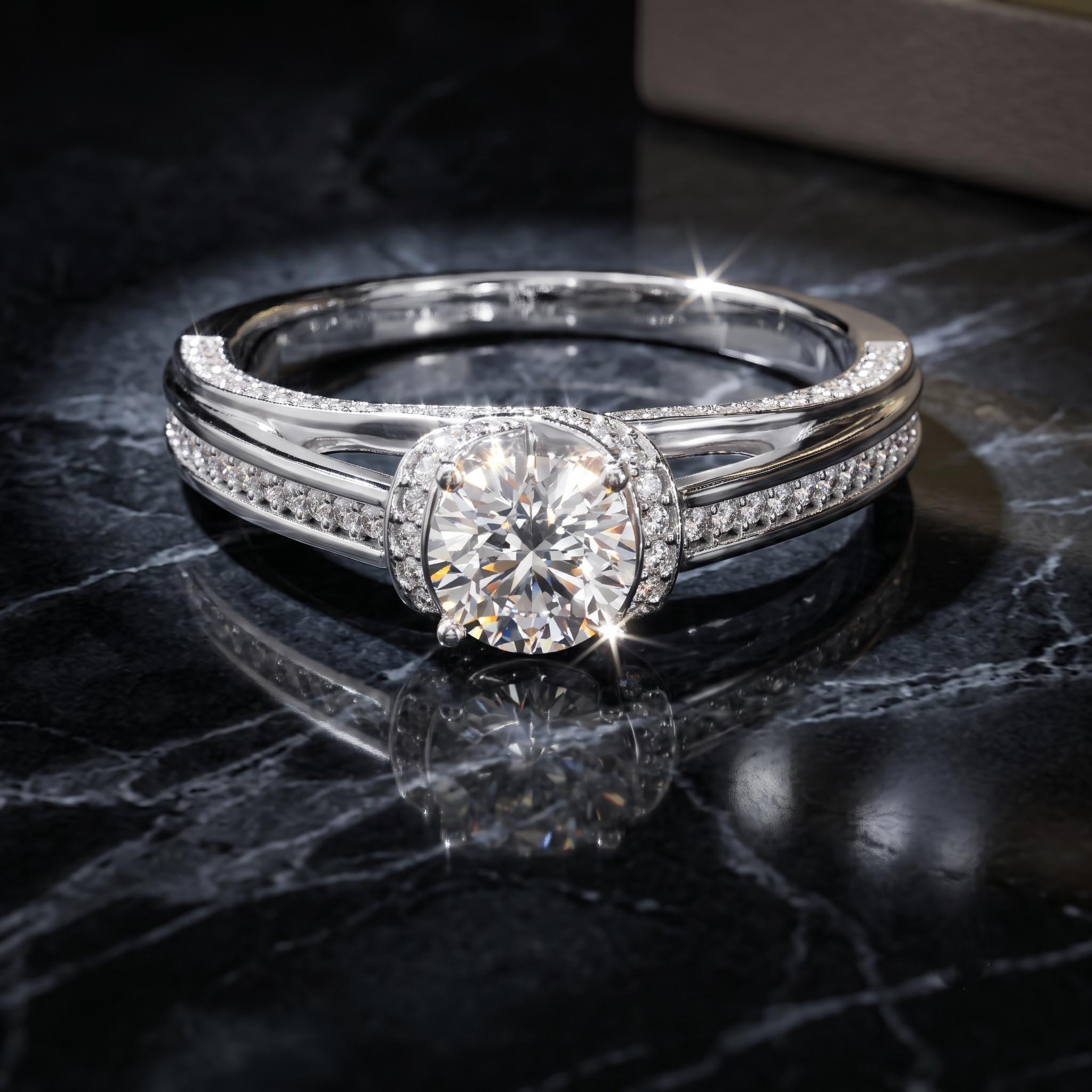 Sterling Silver Moissanite Engagement Ring, Pave Shank, Vintage Style Gift