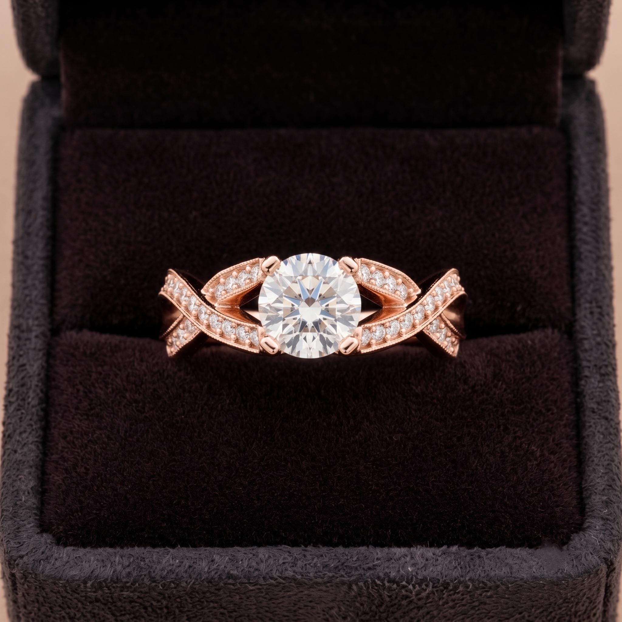 Sterling Silver Moissanite Engagement Ring, Twisted Vine Band, Milgrain Infinity Design