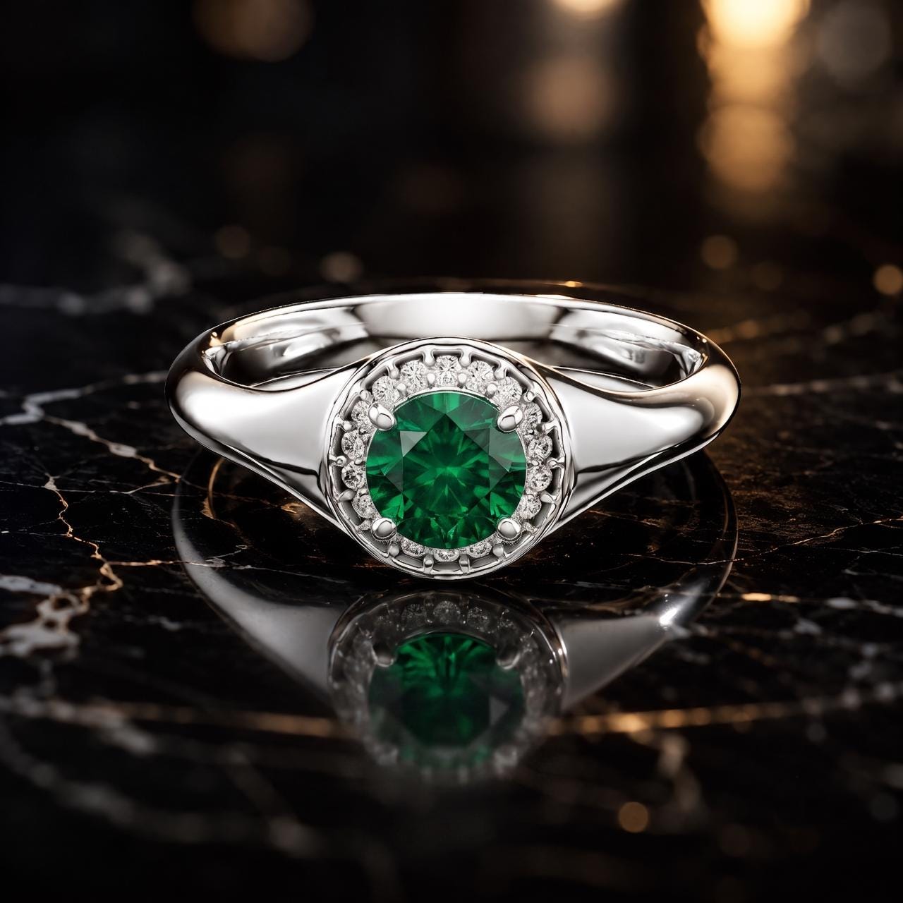 Sterling Silver Emerald Signet Ring, Rose Gold Plated Halo, Moissanite Accent (52801277)