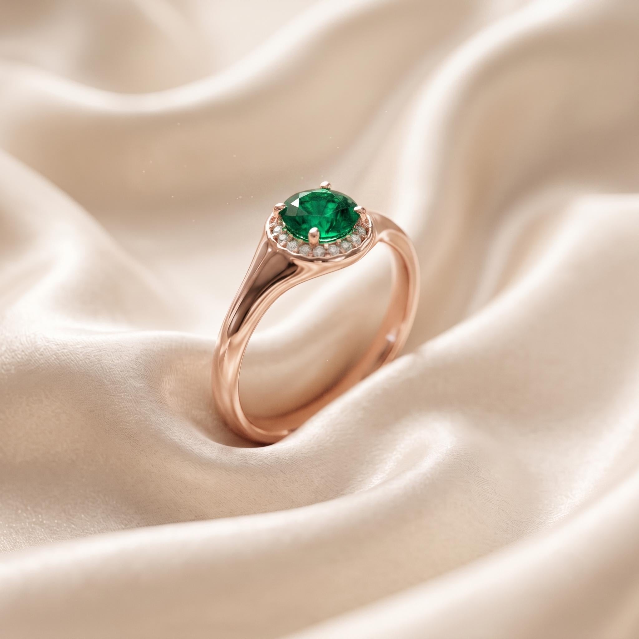 Sterling Silver Emerald Signet Ring, Rose Gold Plated Halo, Moissanite Accent (52801277)
