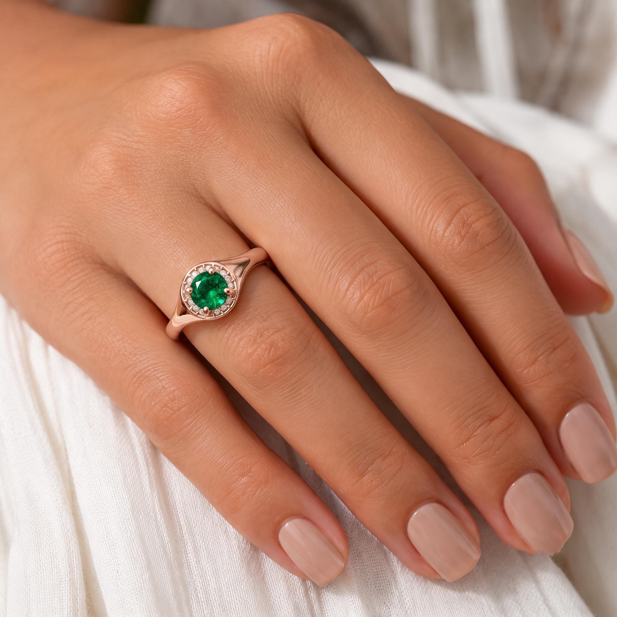 Sterling Silver Emerald Signet Ring, Rose Gold Plated Halo, Moissanite Accent (52801277)