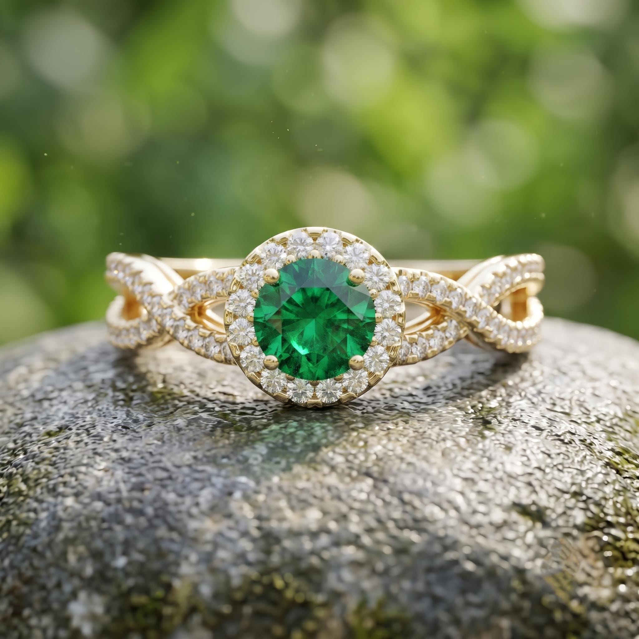 Rose Gold Over Sterling Silver Round Cut Emerald Halo Ring, Criss Cross Shank, Moissanite Side Stones