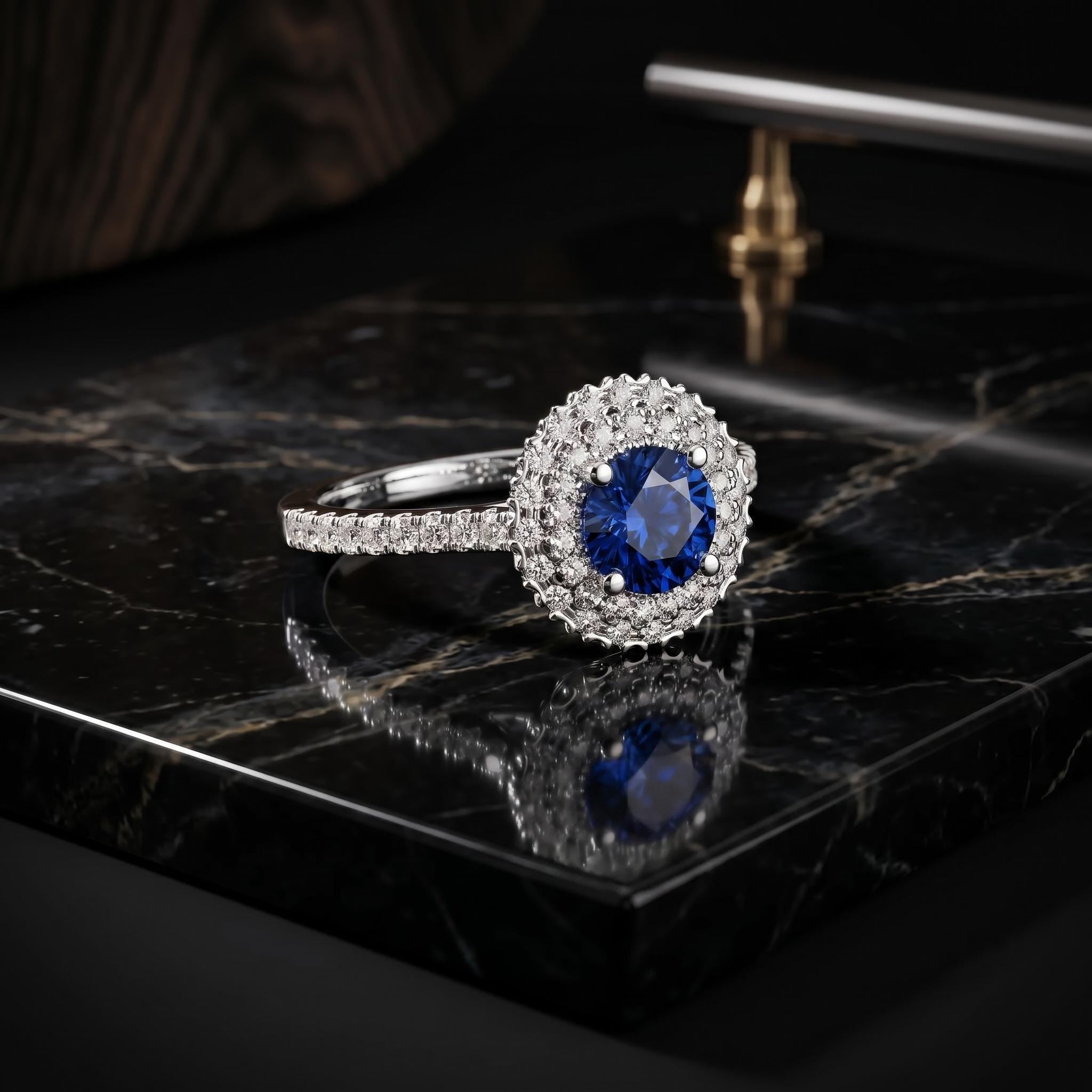 Lab Created Blue Sapphire Sterling Silver Double Halo Ring, Moissanite Accent, Personalized Gift