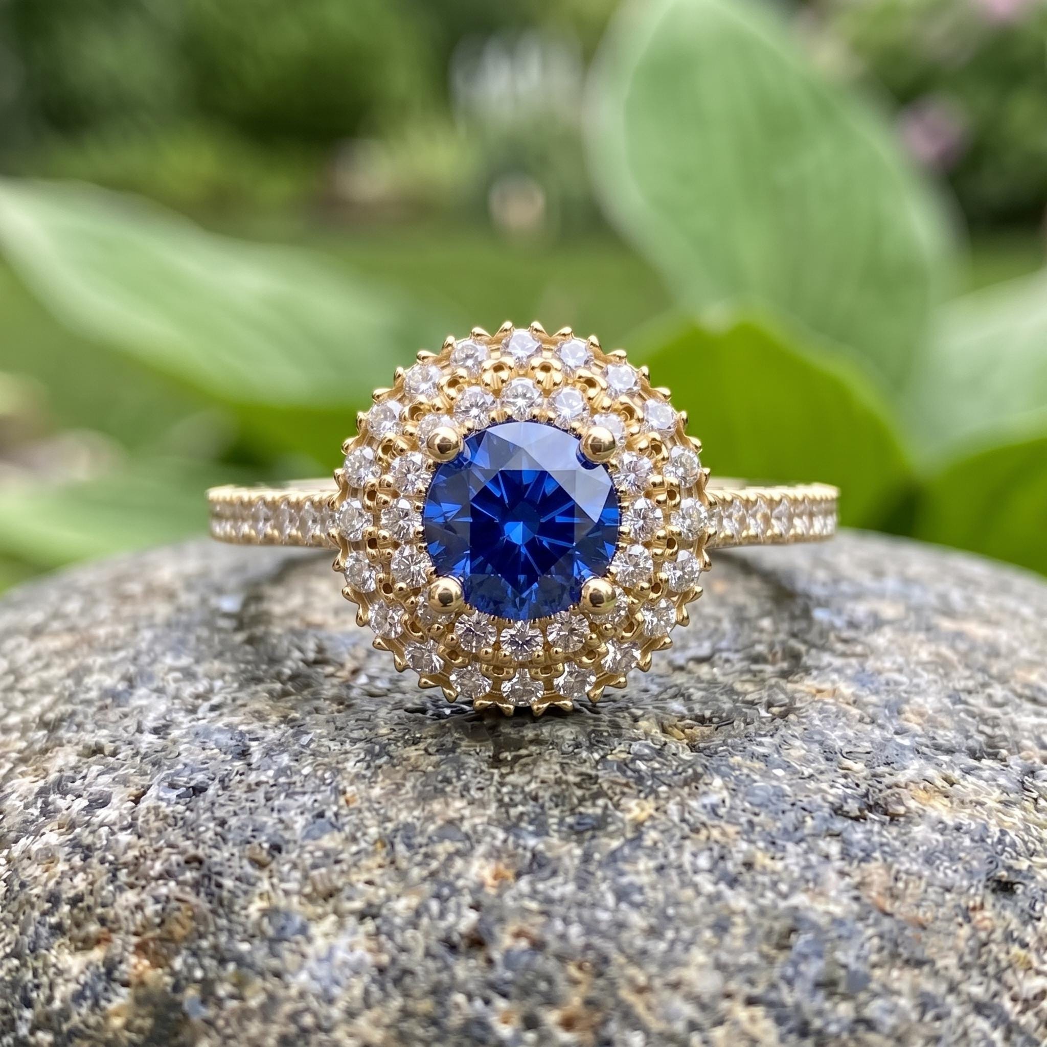 Lab Created Blue Sapphire Sterling Silver Double Halo Ring, Moissanite Accent, Personalized Gift