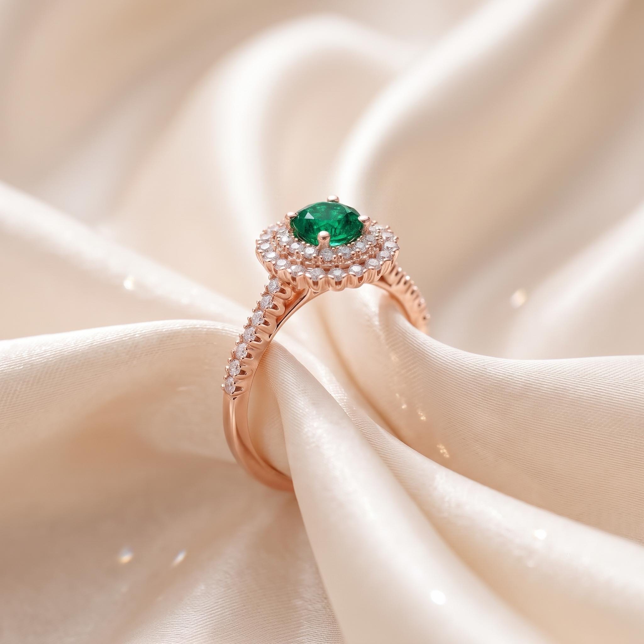 Lab Created Emerald Moissanite Double Halo Ring, 925 Sterling Silver, Rose Gold Finish