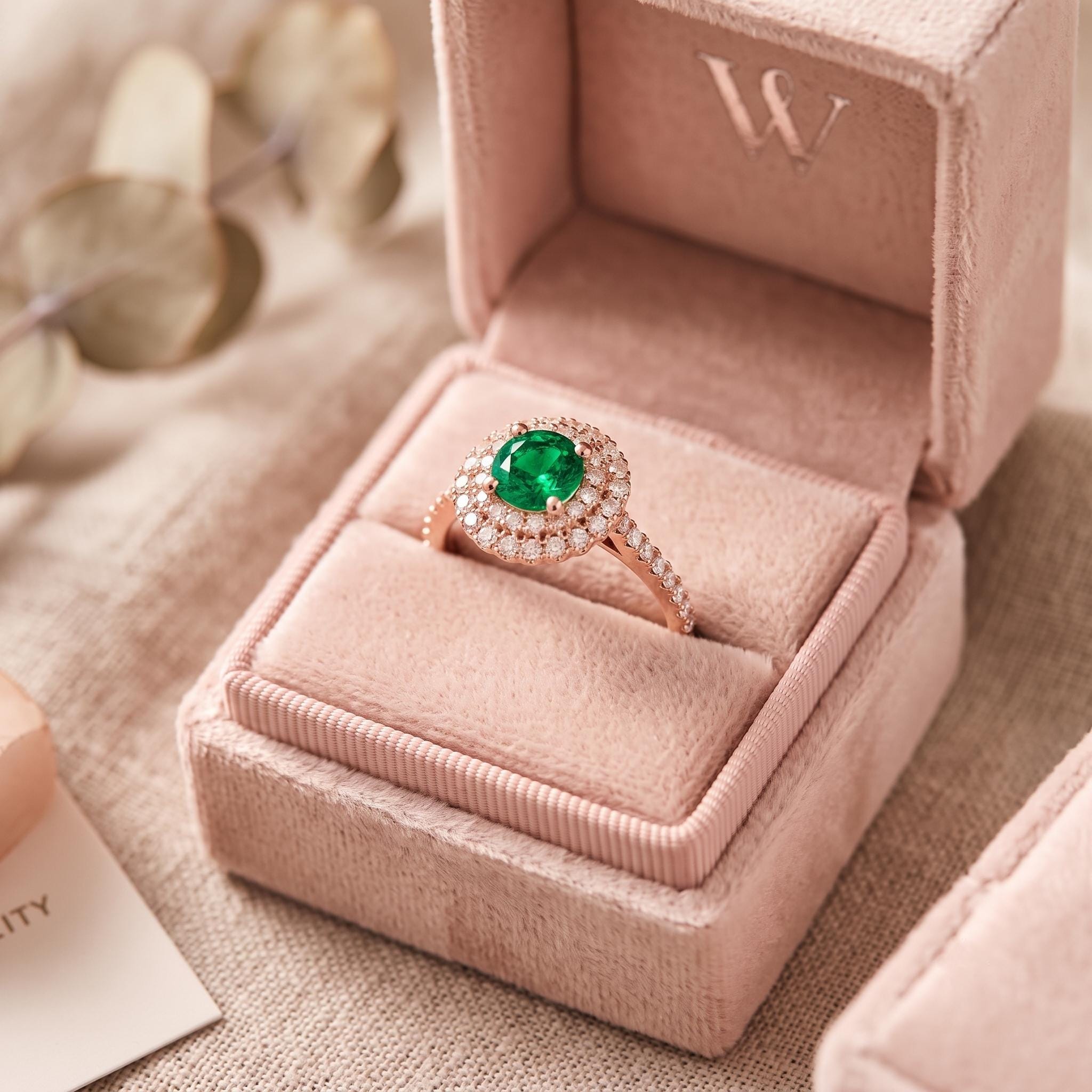 Lab Created Emerald Moissanite Double Halo Ring, 925 Sterling Silver, Rose Gold Finish
