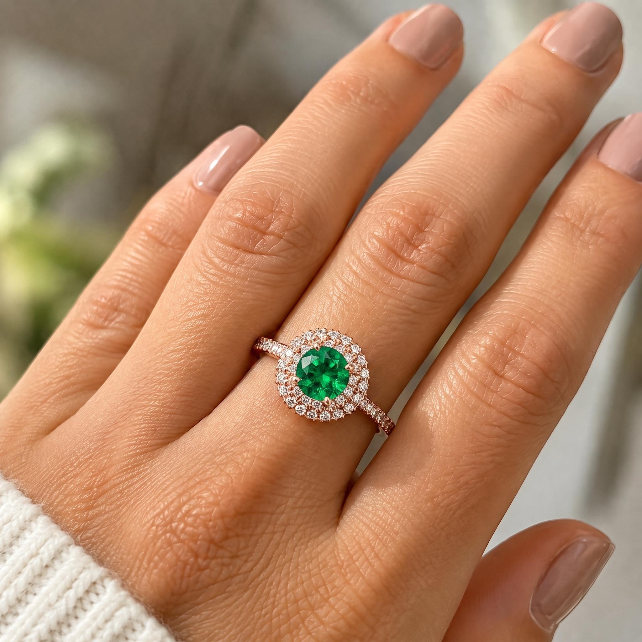 Lab Created Emerald Moissanite Double Halo Ring, 925 Sterling Silver, Rose Gold Finish