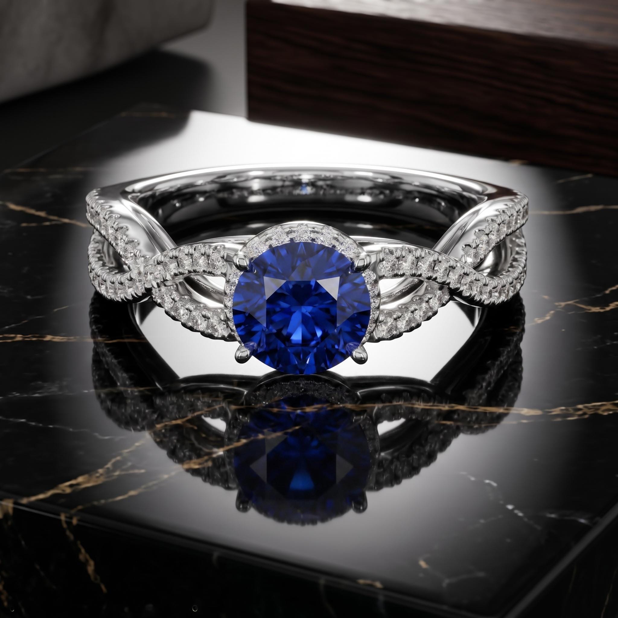 Round Cut Lab Sapphire Ring, Sterling Silver, Twisted Pave Band Halo (925 Silver)