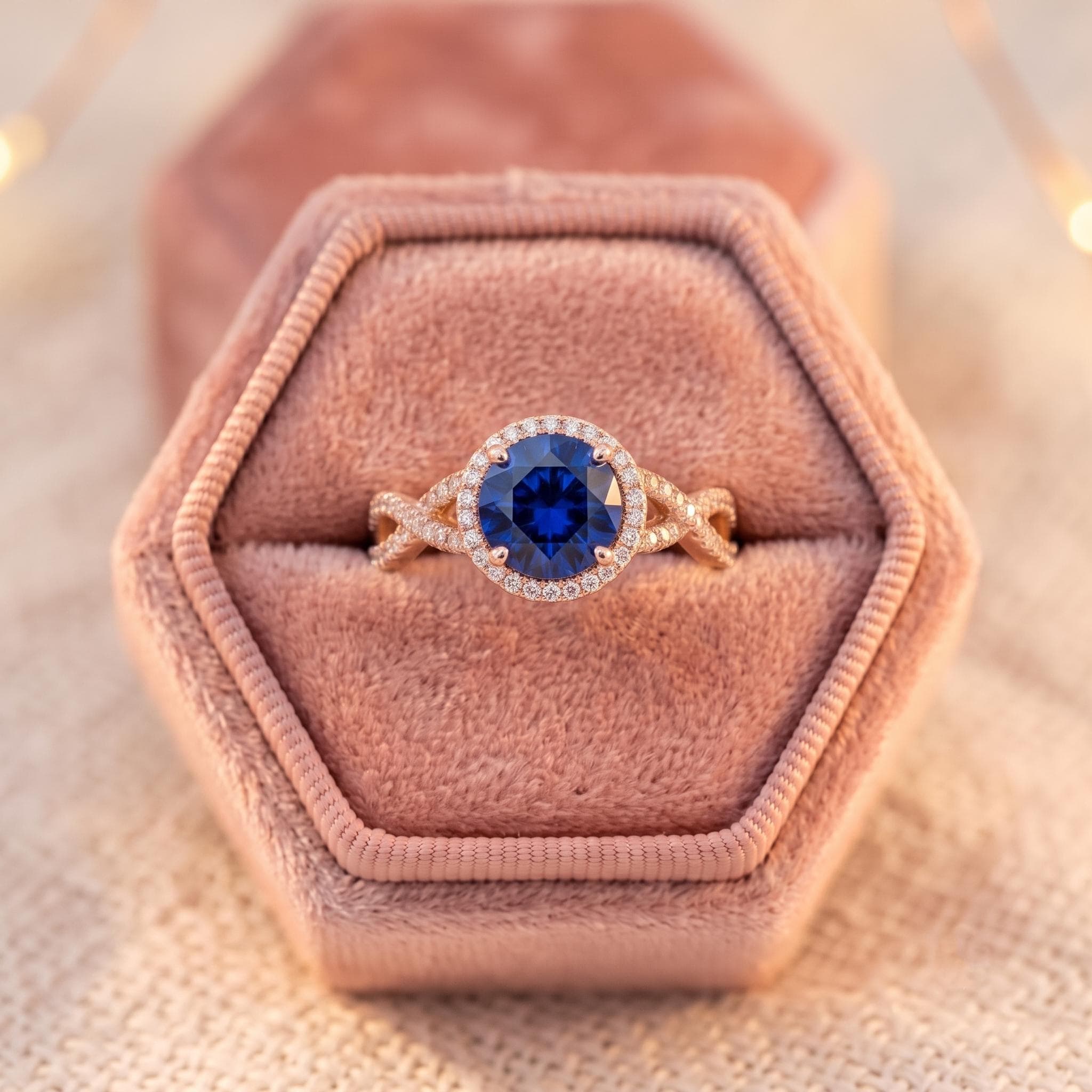 Round Cut Lab Sapphire Ring, Sterling Silver, Twisted Pave Band Halo (925 Silver)