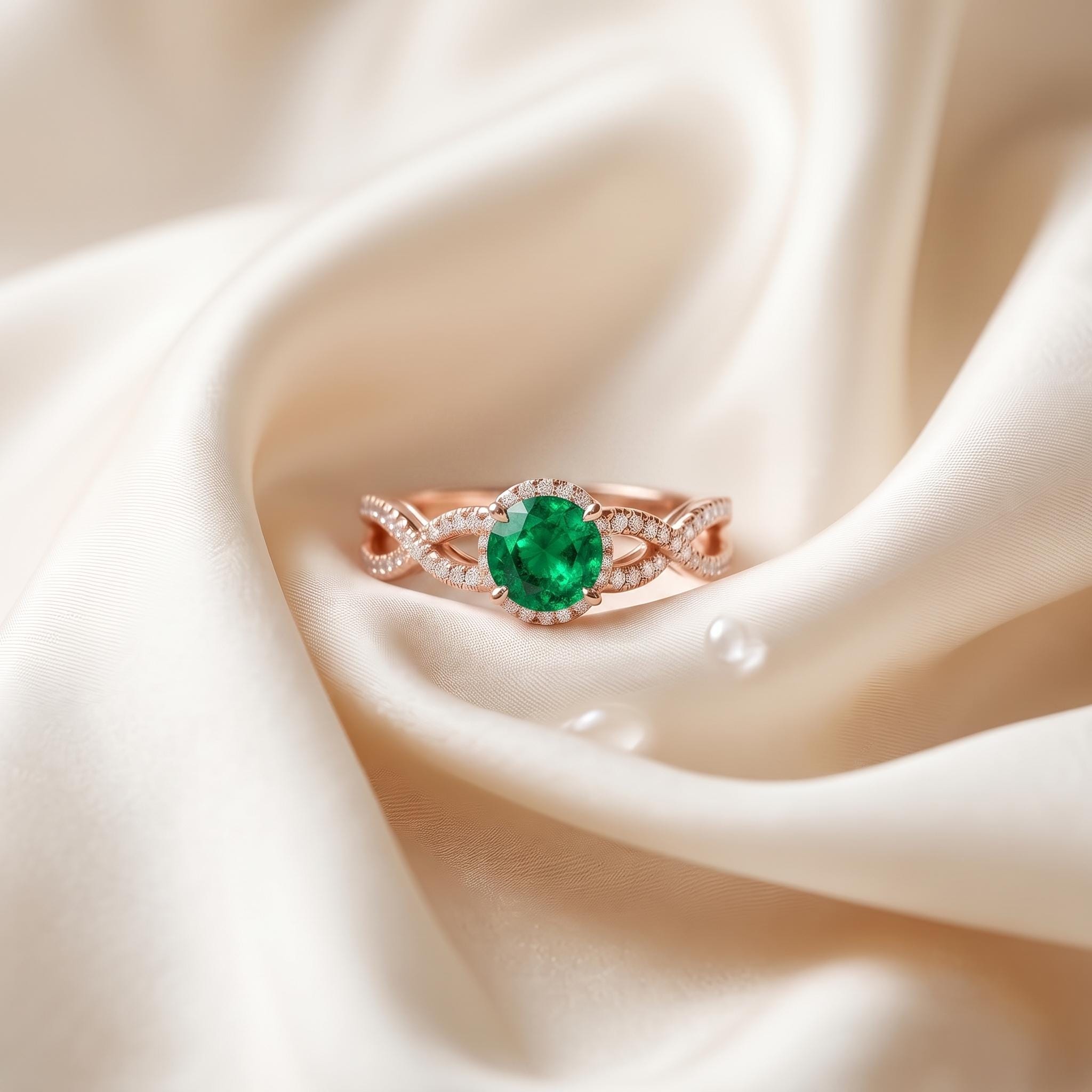 Lab Created Round Green Emerald Moissanite Ring, Twisted Halo Sterling Silver Engagement Ring