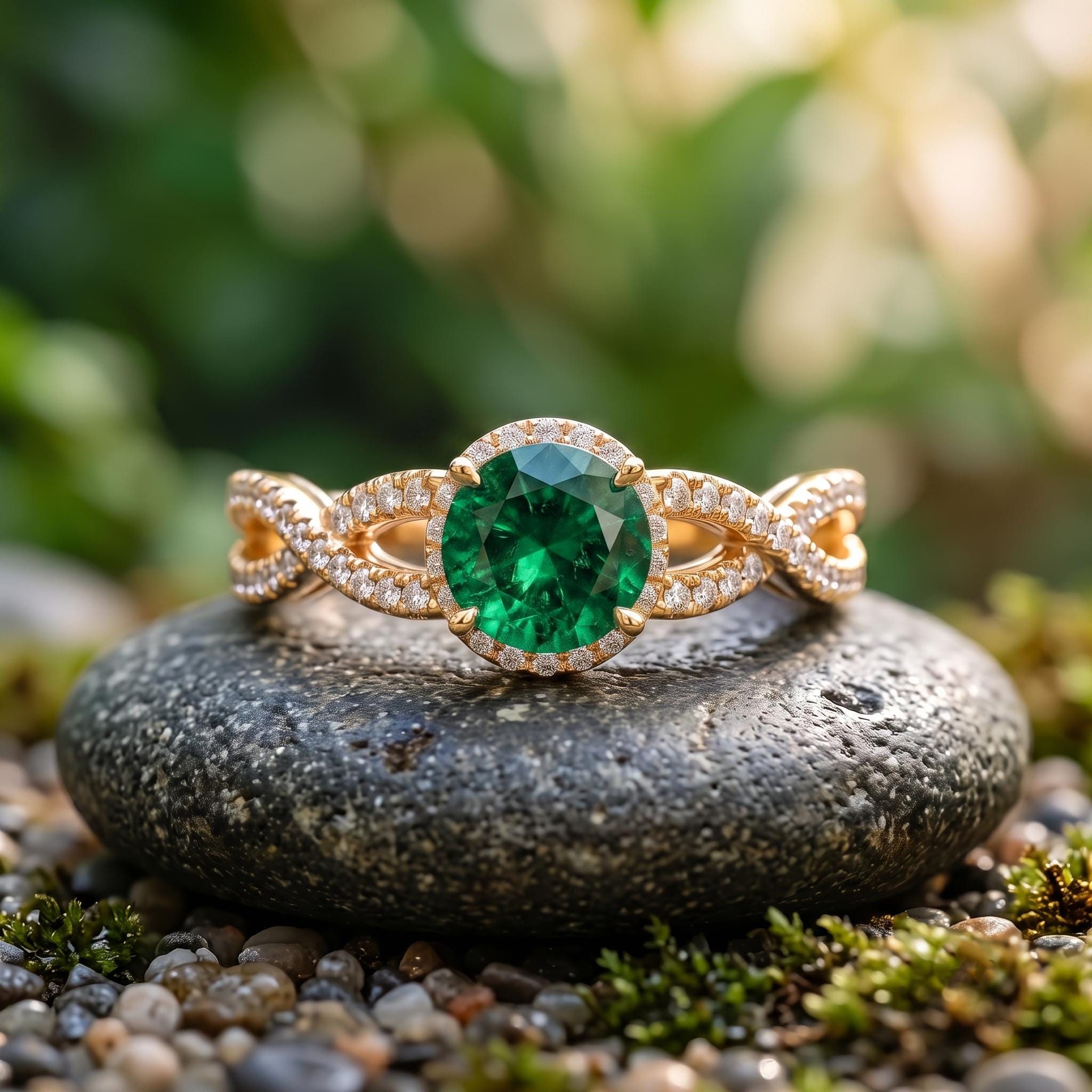 Lab Created Round Green Emerald Moissanite Ring, Twisted Halo Sterling Silver Engagement Ring