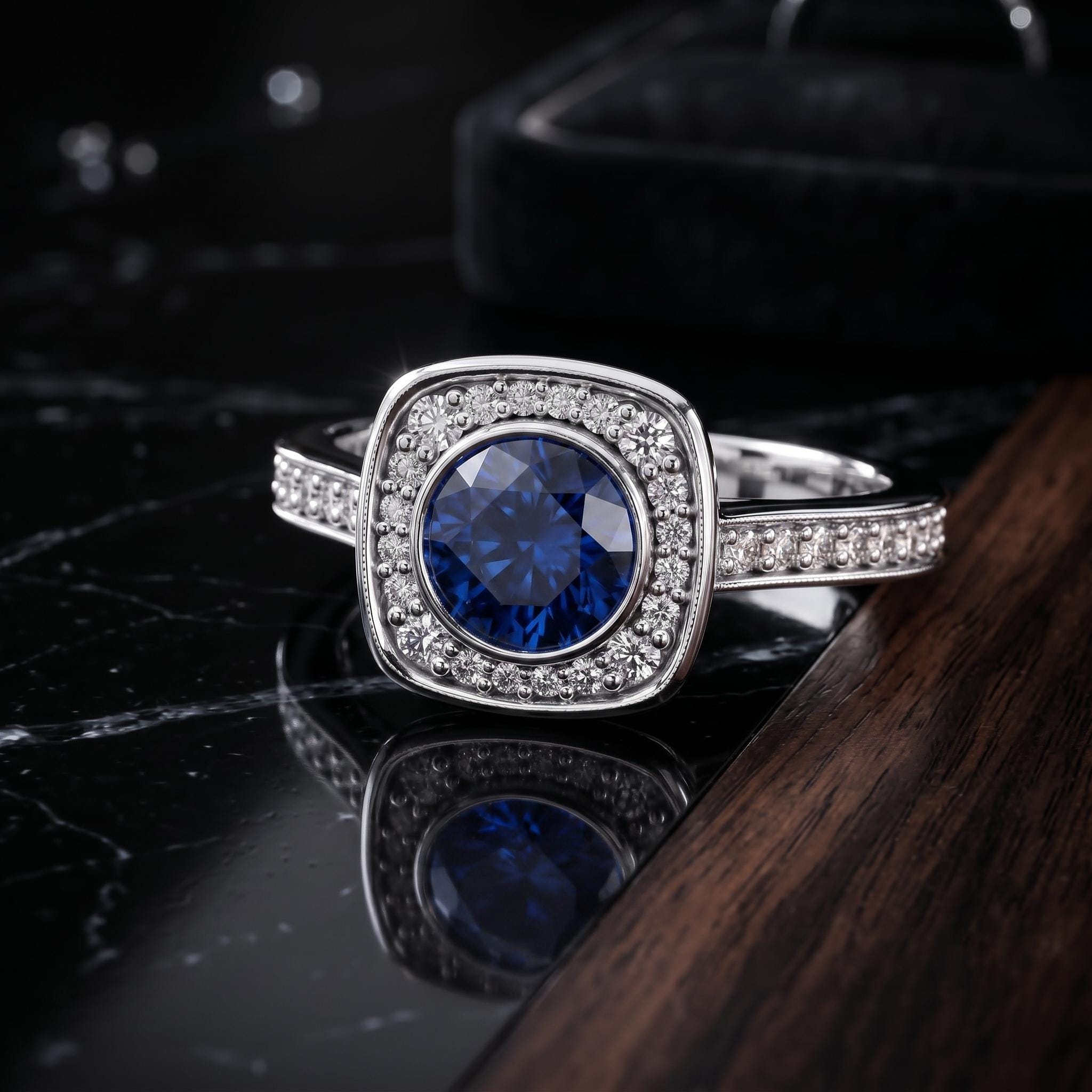 Blue Sapphire Color Moissanite Halo Ring, 925 Sterling Silver, Dainty Wedding Band