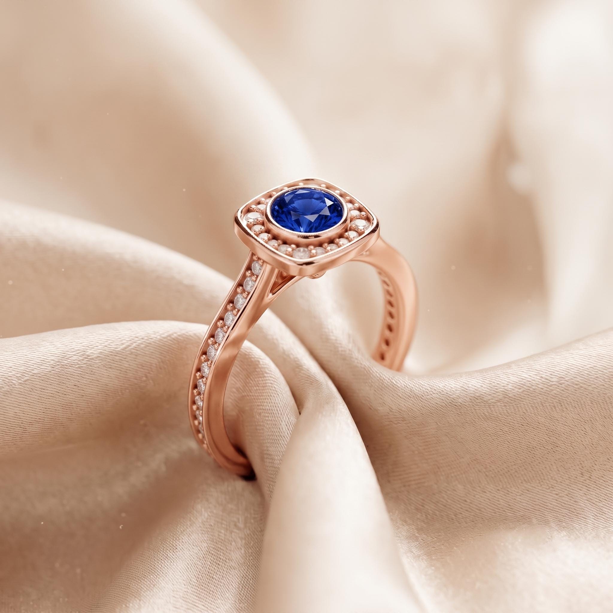 Blue Sapphire Color Moissanite Halo Ring, 925 Sterling Silver, Dainty Wedding Band