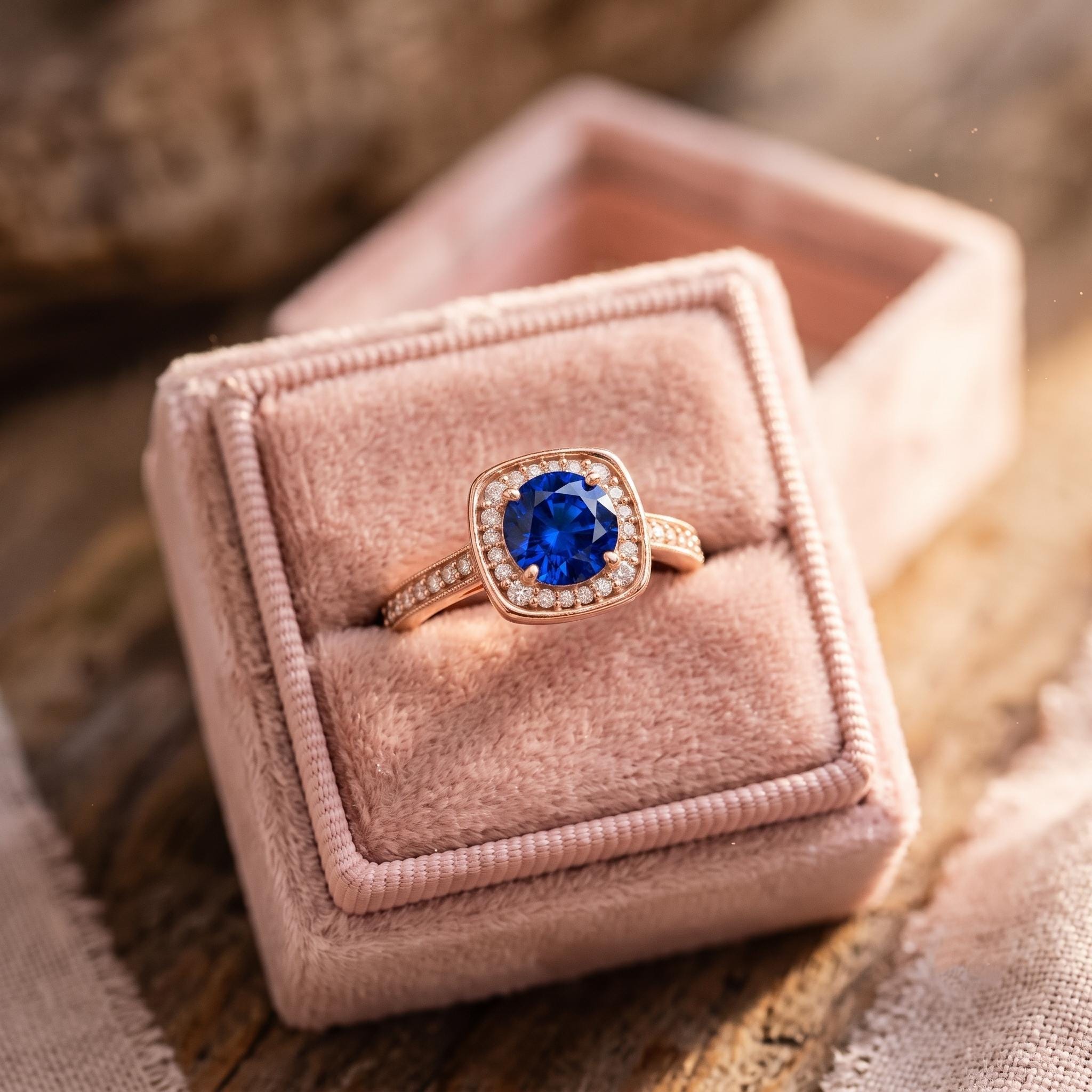 Blue Sapphire Color Moissanite Halo Ring, 925 Sterling Silver, Dainty Wedding Band
