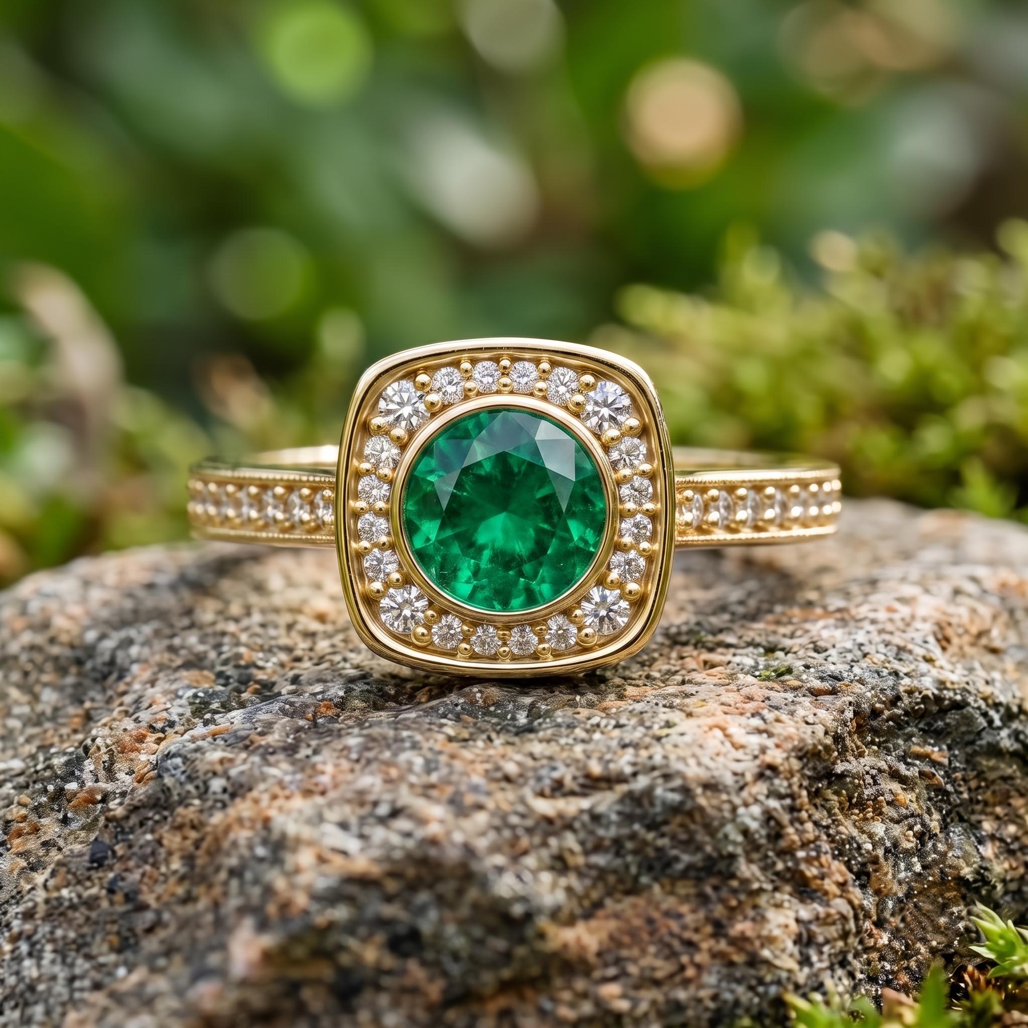 Lab Created Emerald Ring, Sterling Silver, Rose Gold Plated Halo, Moissanite Side Stones