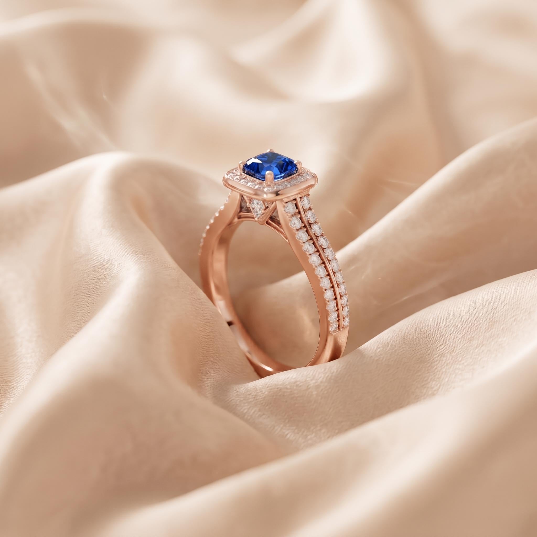 Round Cut Blue Sapphire Ring, 925 Sterling Silver, Moissanite Halo, Rose Gold Bridal Gemstone