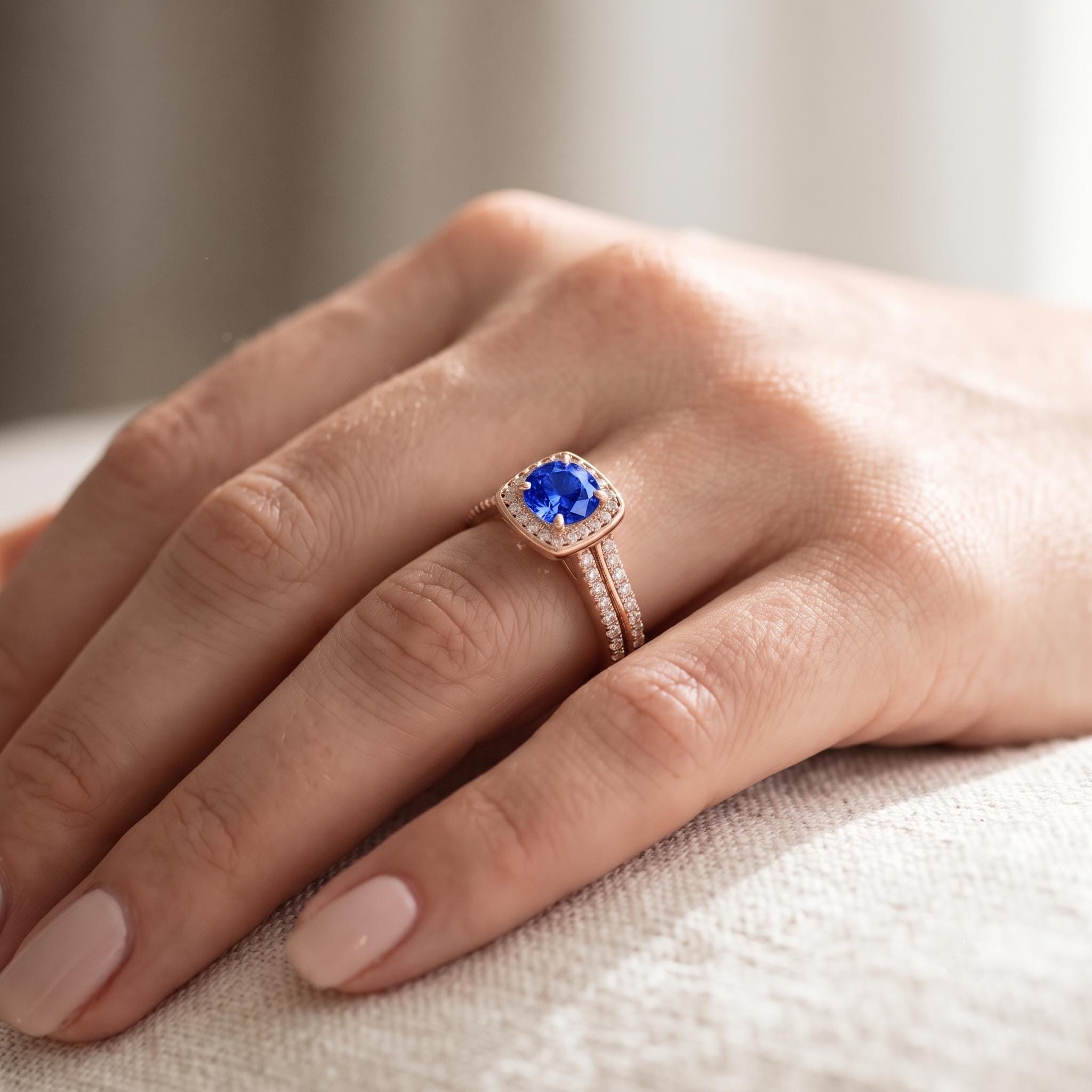 Round Cut Blue Sapphire Ring, 925 Sterling Silver, Moissanite Halo, Rose Gold Bridal Gemstone
