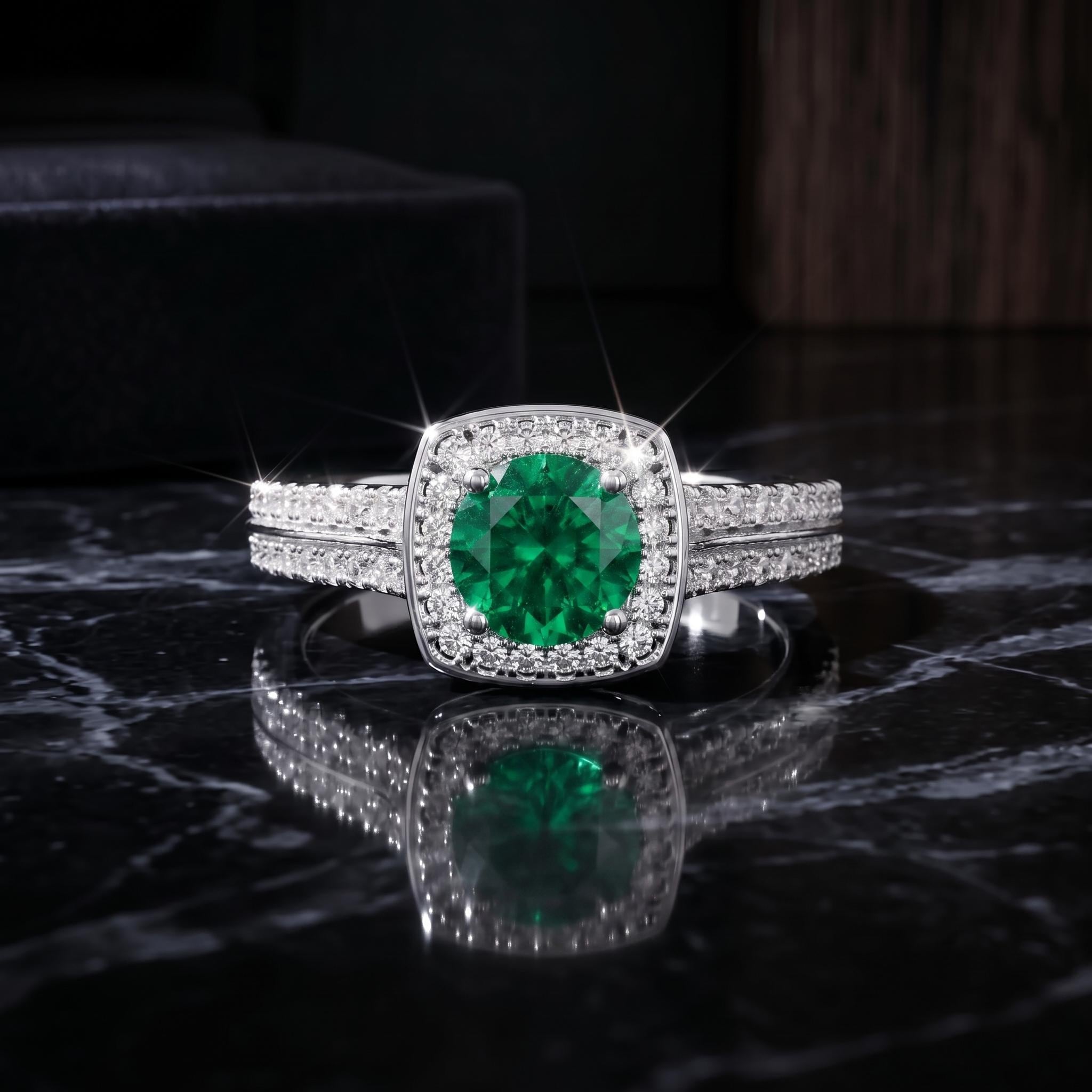 Lab Created Emerald Sterling Silver Halo Ring, Moissanite Accent, Dainty Engagement Ring