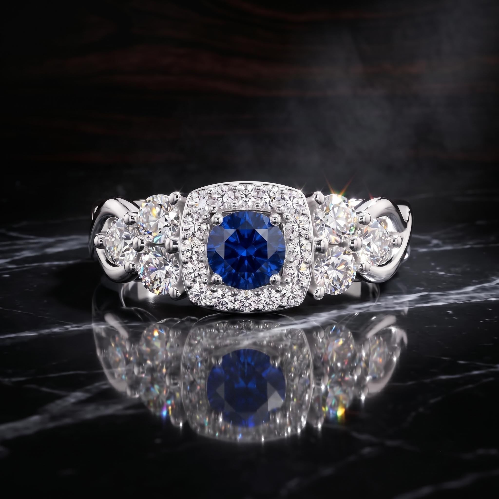 Blue Sapphire Halo Engagement Ring, Sterling Silver, Rose Gold Plated, Moissanite Side Stones