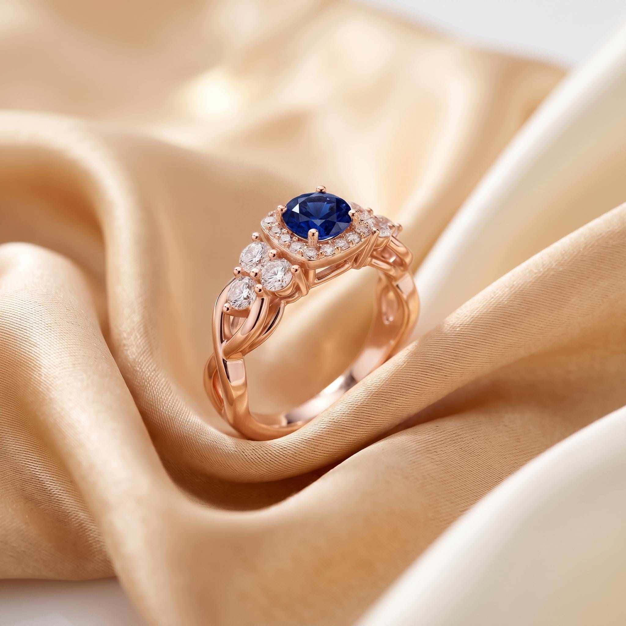 Blue Sapphire Halo Engagement Ring, Sterling Silver, Rose Gold Plated, Moissanite Side Stones
