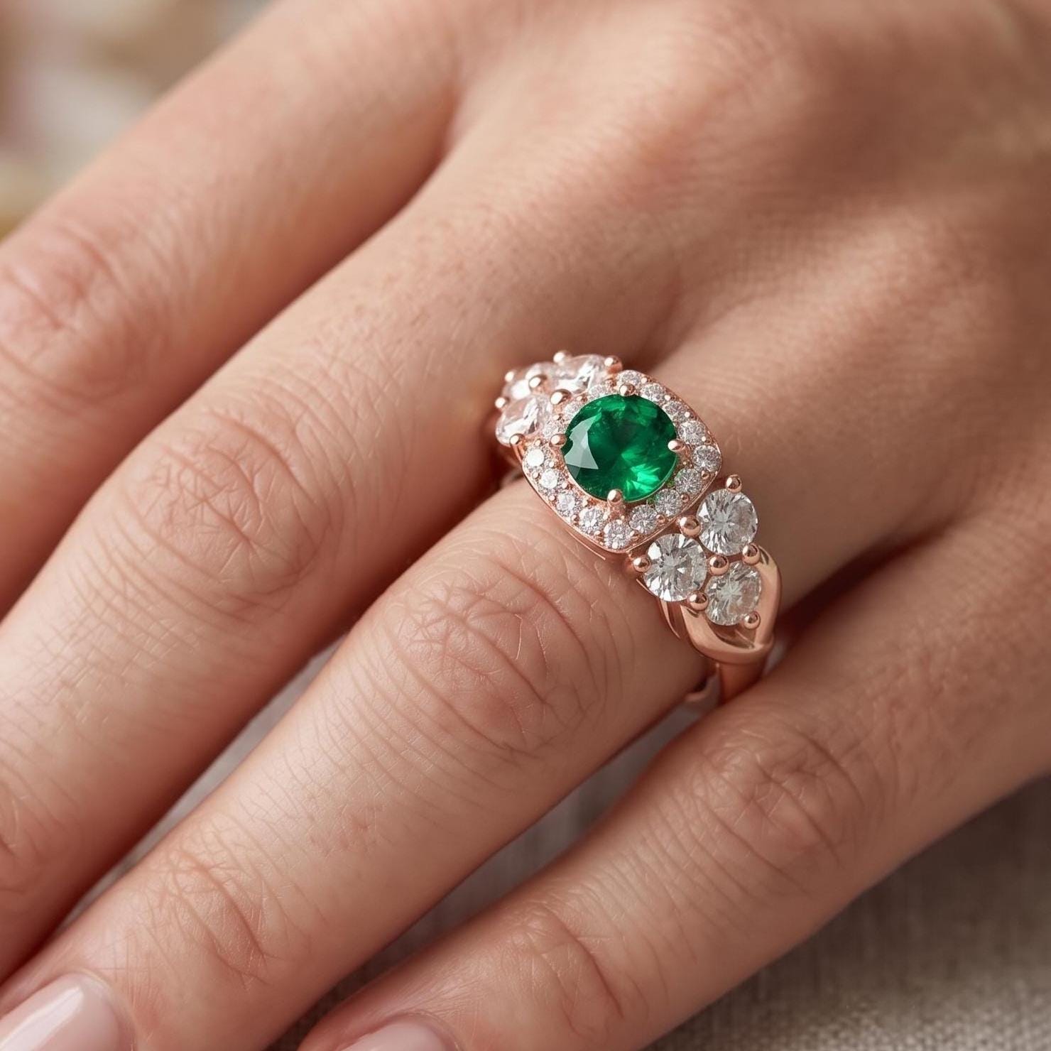 Lab-Created Green Stone Halo Ring, Sterling Silver, Moissanite Side Stones, Art Deco Style