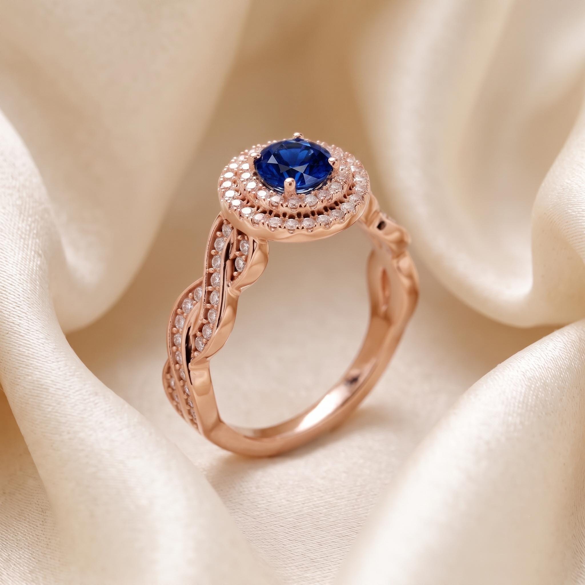 Lab Created Sapphire Double Halo Engagement Ring, Rose Gold Plated Sterling Silver, Infinity Band