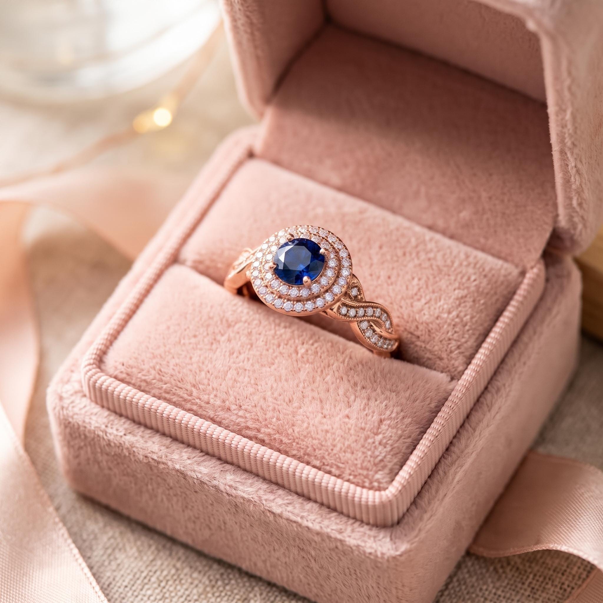 Lab Created Sapphire Double Halo Engagement Ring, Rose Gold Plated Sterling Silver, Infinity Band