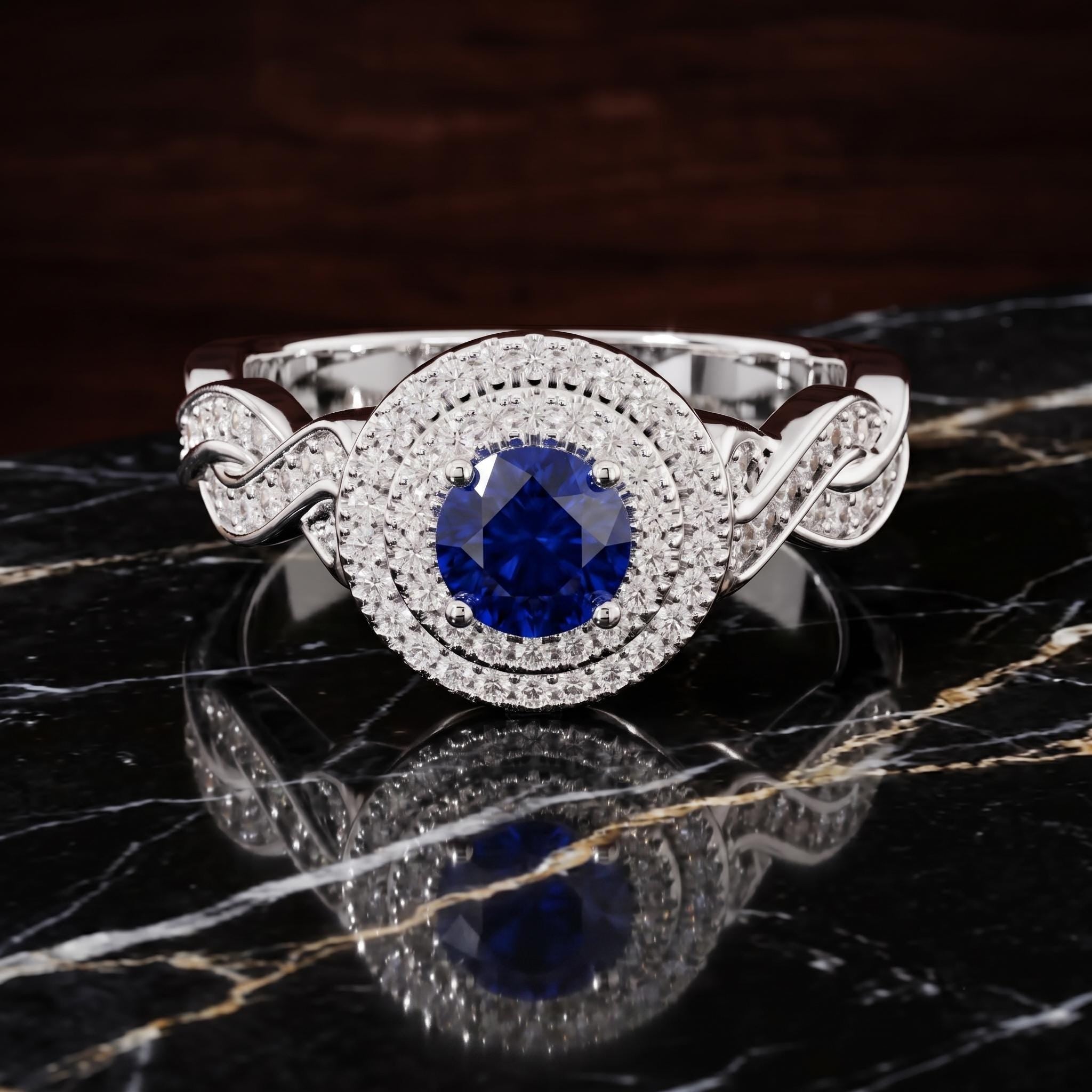 Lab Created Sapphire Double Halo Engagement Ring, Rose Gold Plated Sterling Silver, Infinity Band