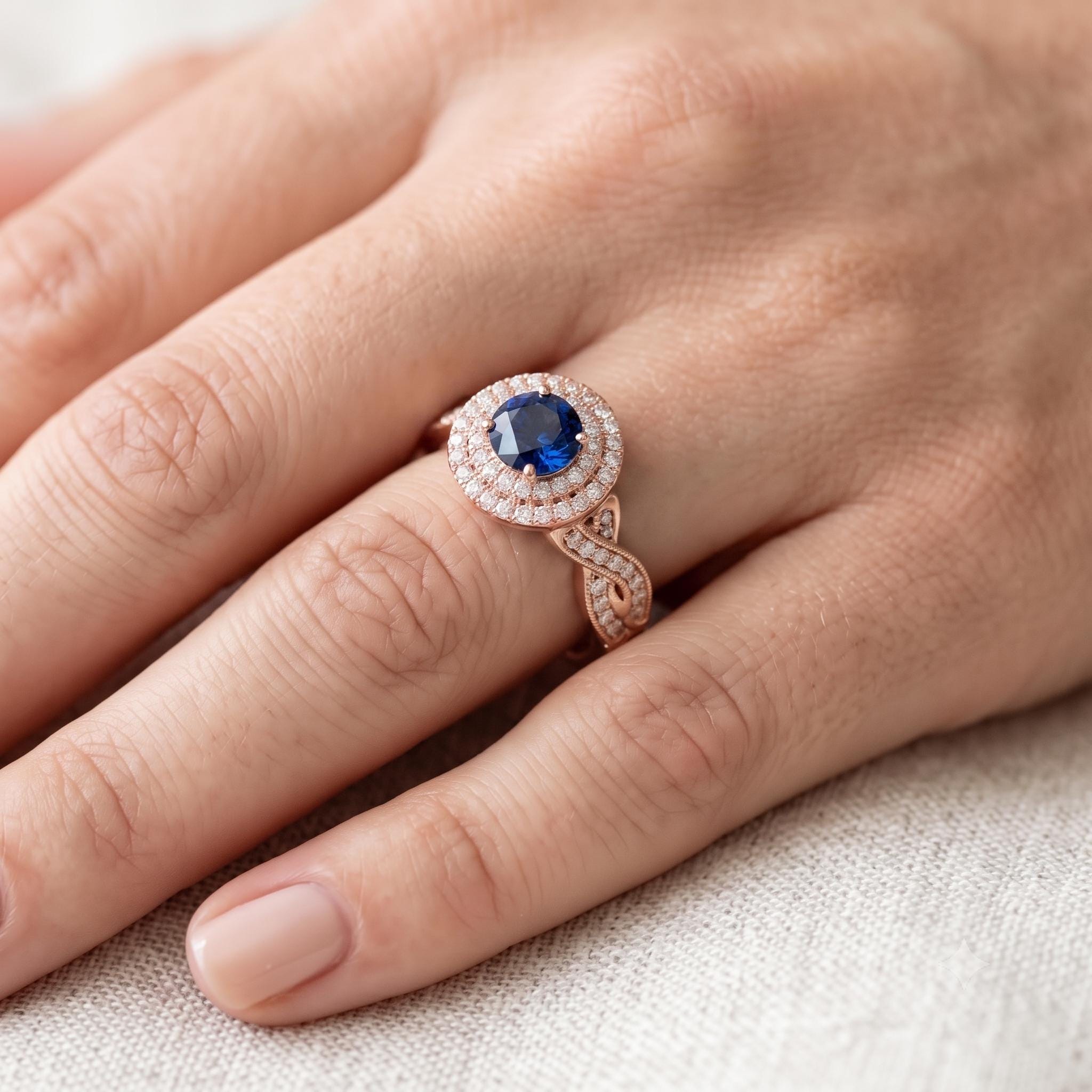 Lab Created Sapphire Double Halo Engagement Ring, Rose Gold Plated Sterling Silver, Infinity Band