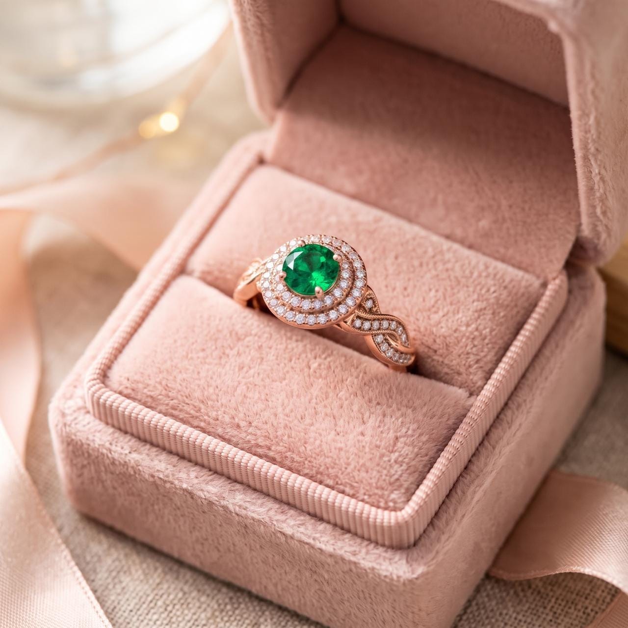 Sterling Silver Round Green Gemstone Halo Ring, Rose Gold Twisted Pave Band, Lab Created Stone