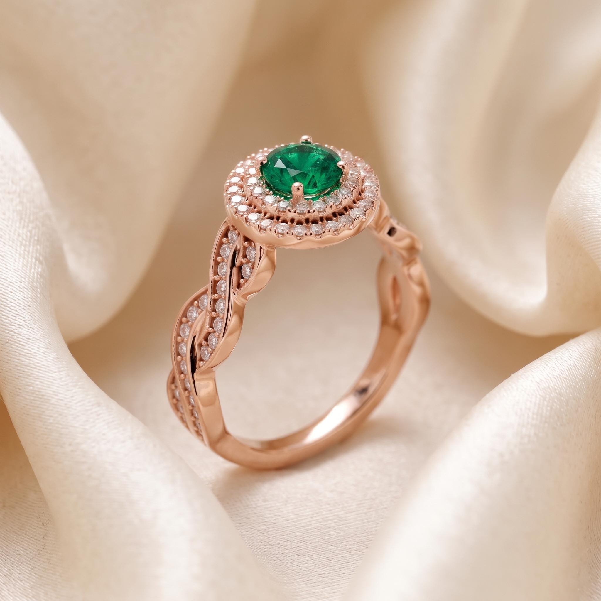 Sterling Silver Round Green Gemstone Halo Ring, Rose Gold Twisted Pave Band, Lab Created Stone