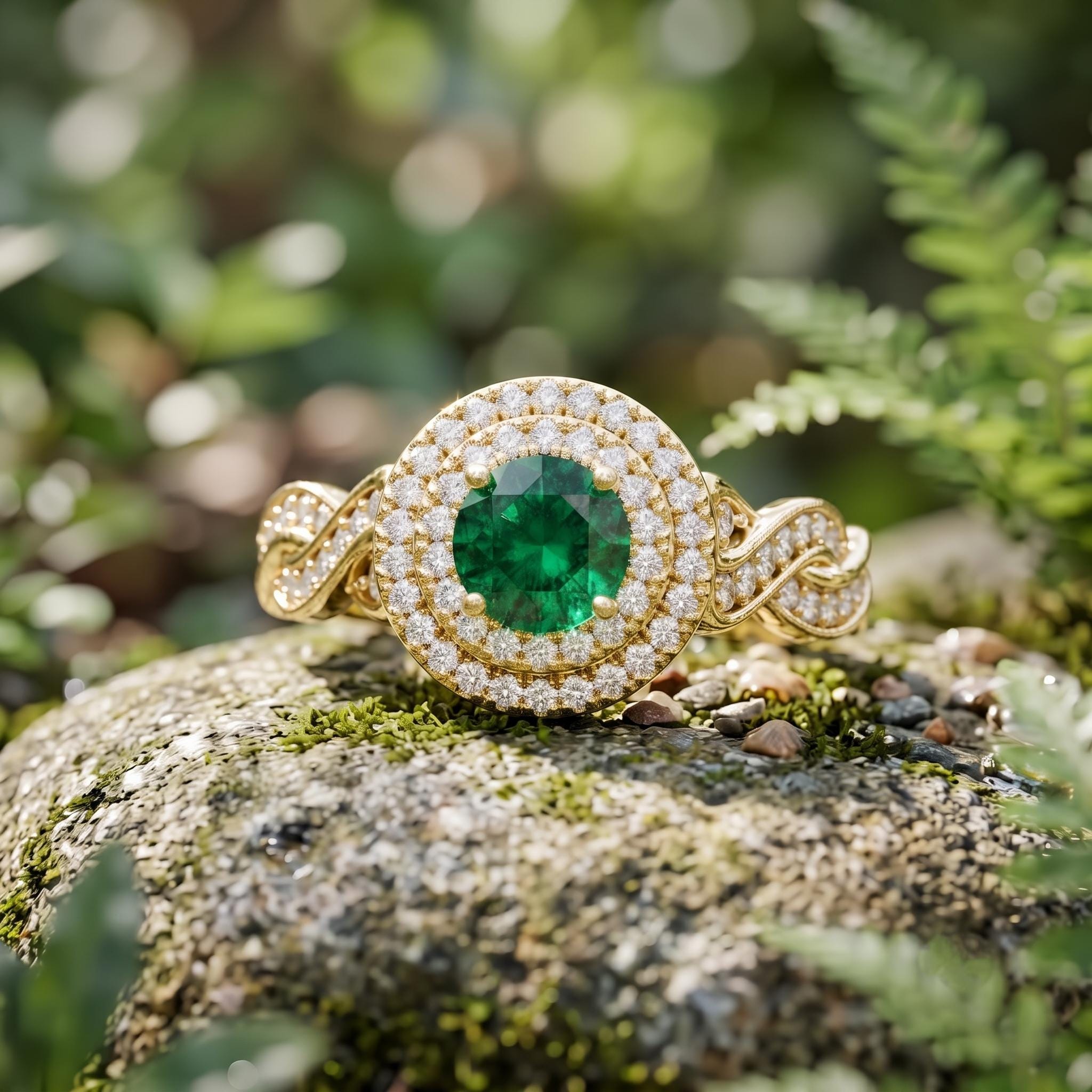 Sterling Silver Round Green Gemstone Halo Ring, Rose Gold Twisted Pave Band, Lab Created Stone