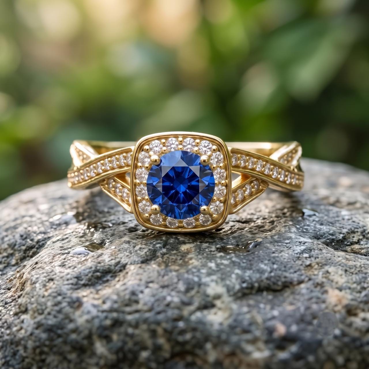 Blue Sapphire Halo Engagement Ring, Sterling Silver Rose Gold Plated Twist Band