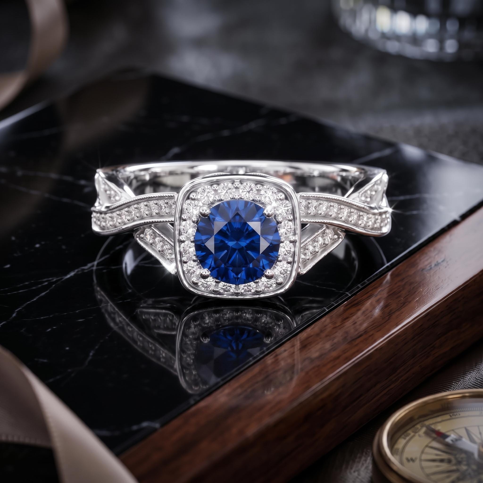 Blue Sapphire Halo Engagement Ring, Sterling Silver Rose Gold Plated Twist Band